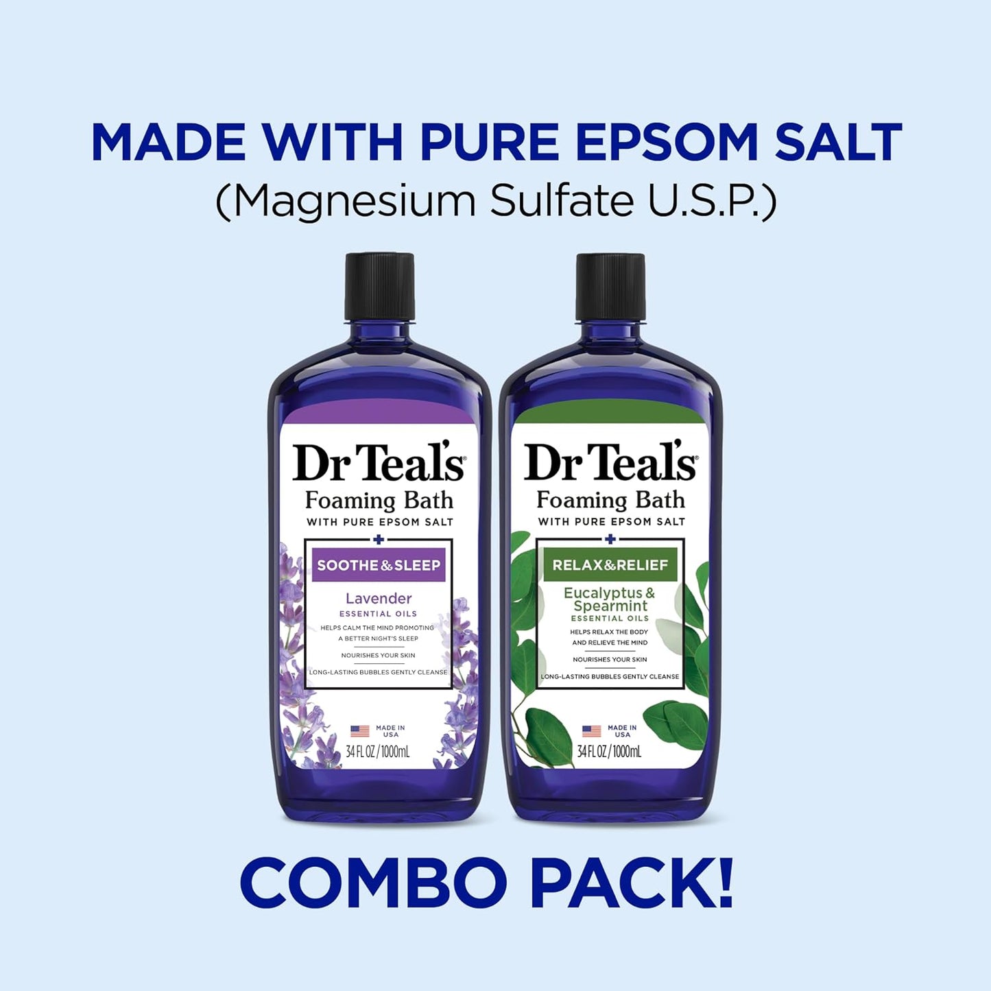 Dr Teal's Foaming Bath with Pure Epsom Salt, Lavender & Eucalyptus, 34 fl oz (Pack of 2)