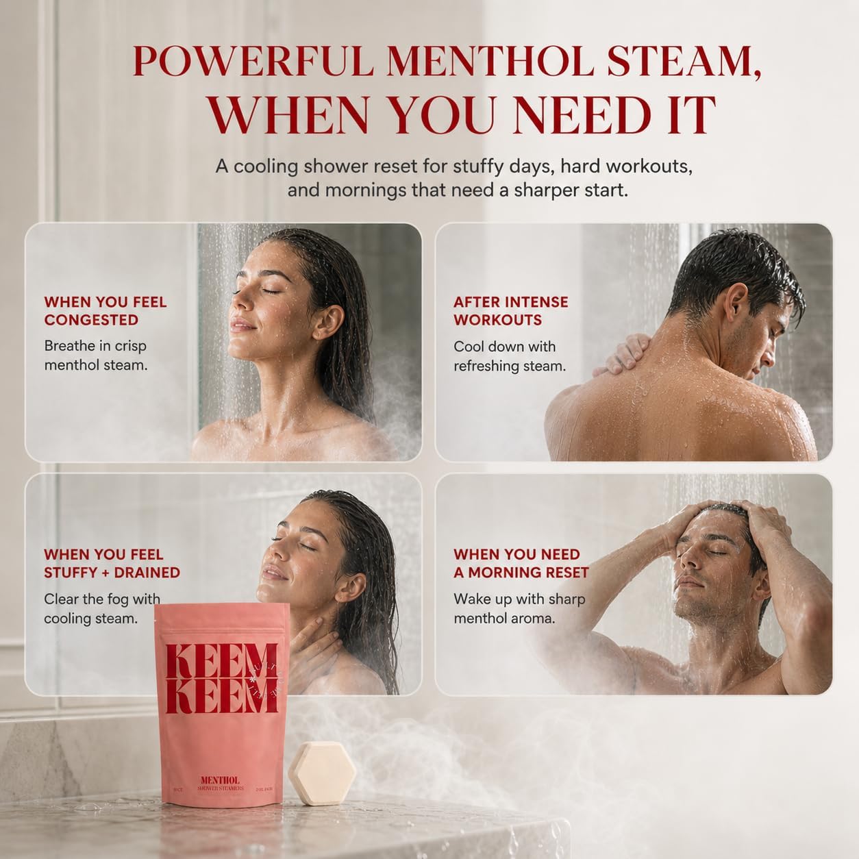 Keem Keem Menthol Shower Steamers, 10 Count, 2 oz Each, Individually Wrapped Cooling Shower Tablets with Pure Menthol Crystals, Dye-Free, No Fragrance Blends, No Eucalyptus