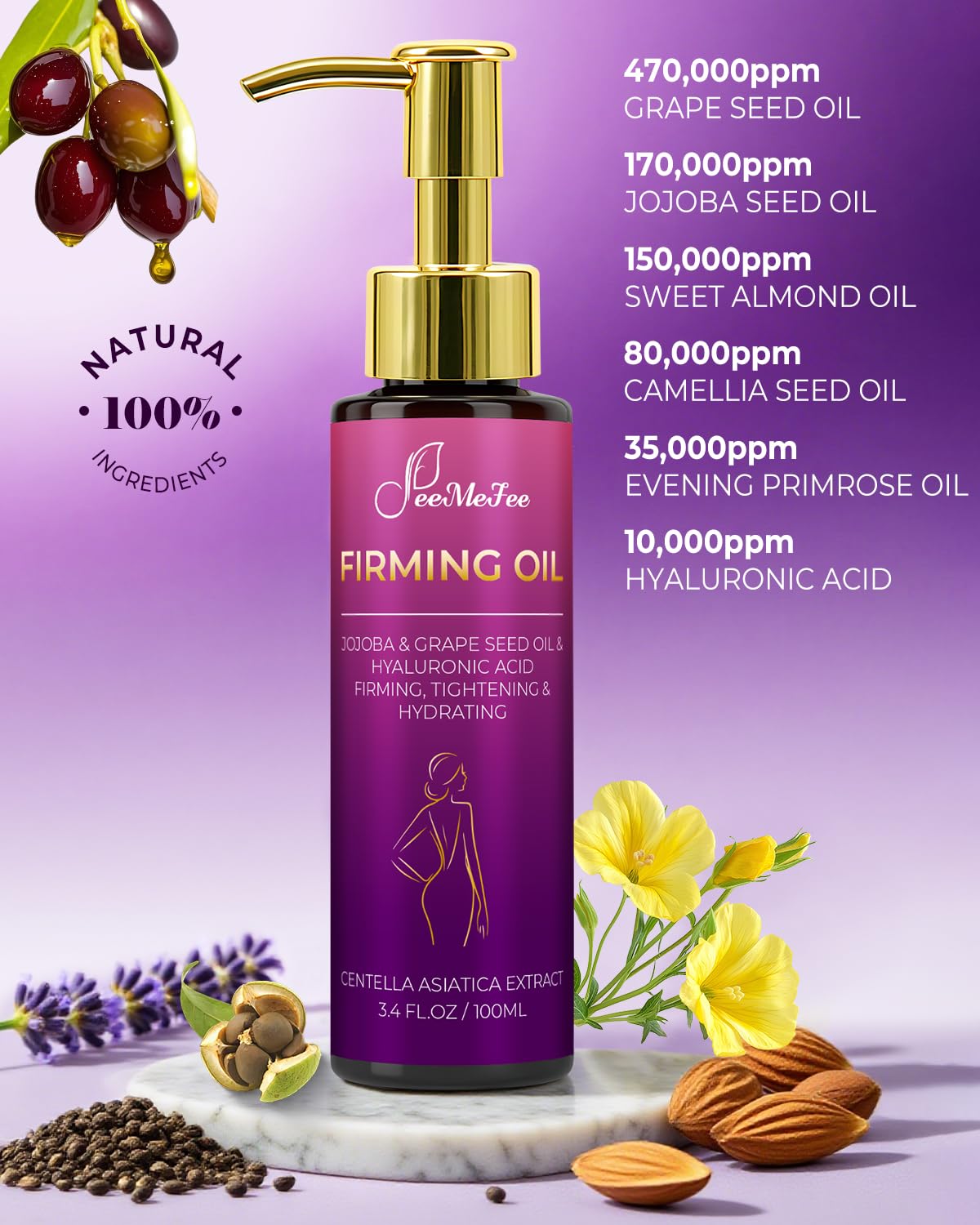 Body Firming Oil, 3.4 FL OZ Body Oil After Shower – With 790,000ppm Tightening Oil(Grape Seed Jojoba Sweet Almond) &10,000ppm Hyaluronic Acid – Fast-Absorbing For Hydrating Full Body, Lavender
