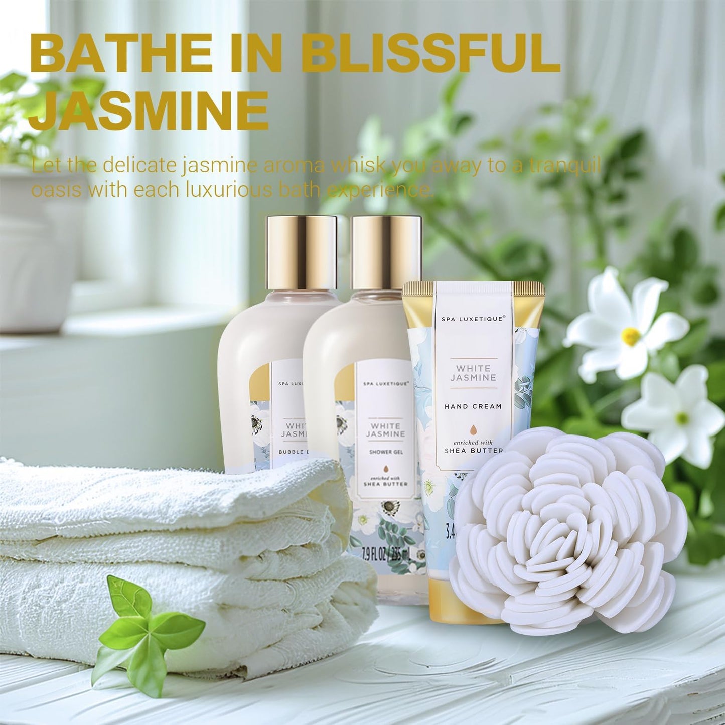 Spa Luxetique Gifts for Women 15pcs White Jasmine Gift Baskets for Women Luxury Relaxing Spa Kit with Tote Bag Birthday Gifts for Mom Friend Sister Wife Grandma Mothers Day Gift for Her