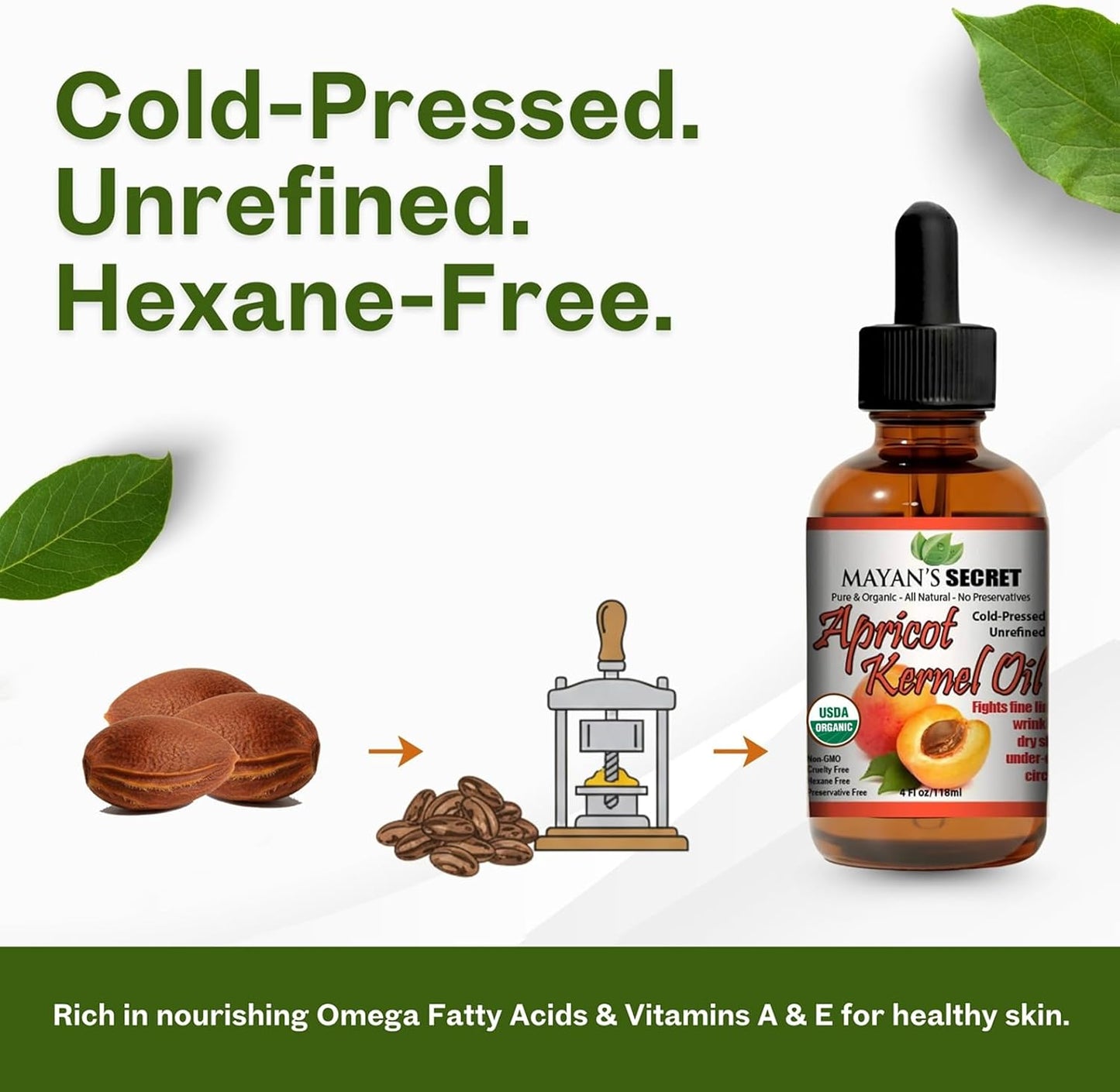 Mayan’s Secret Organic Apricot Kernel Oil – Cold Pressed & Unrefined Moisturizing for Skin, Face, and Hair – Pure Organic Apricot Seed Oil in Amber Glass Bottle with Dropper, 4 oz. - USDA Certified
