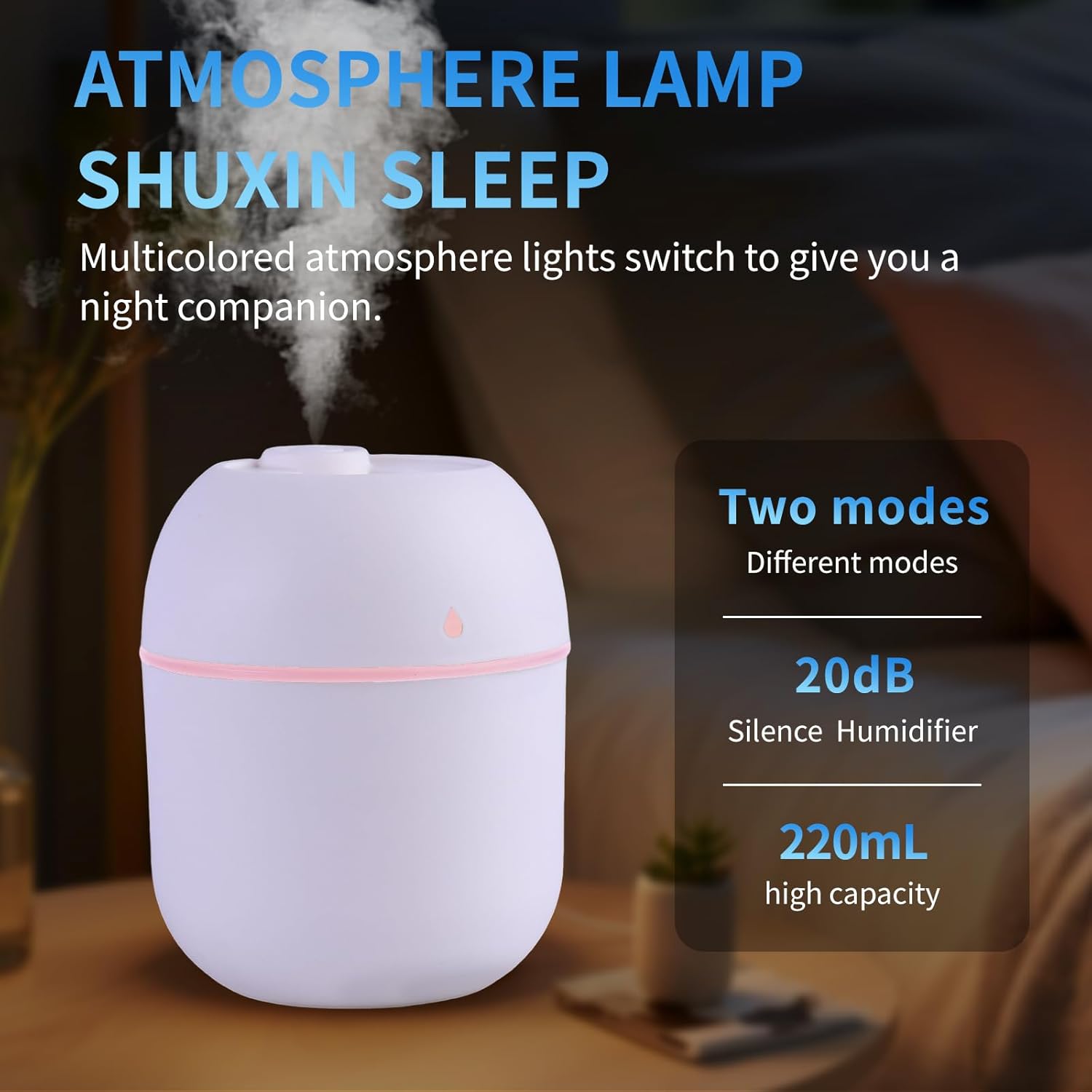 Portable Mini Humidifier Small Cool Mist Humidifier Personal Desktop USB Powered Super Quiet for Travel Car,Office,Baby Bedroom, Night Light, 2 Mist Modes, Auto Shut-off (pink)
