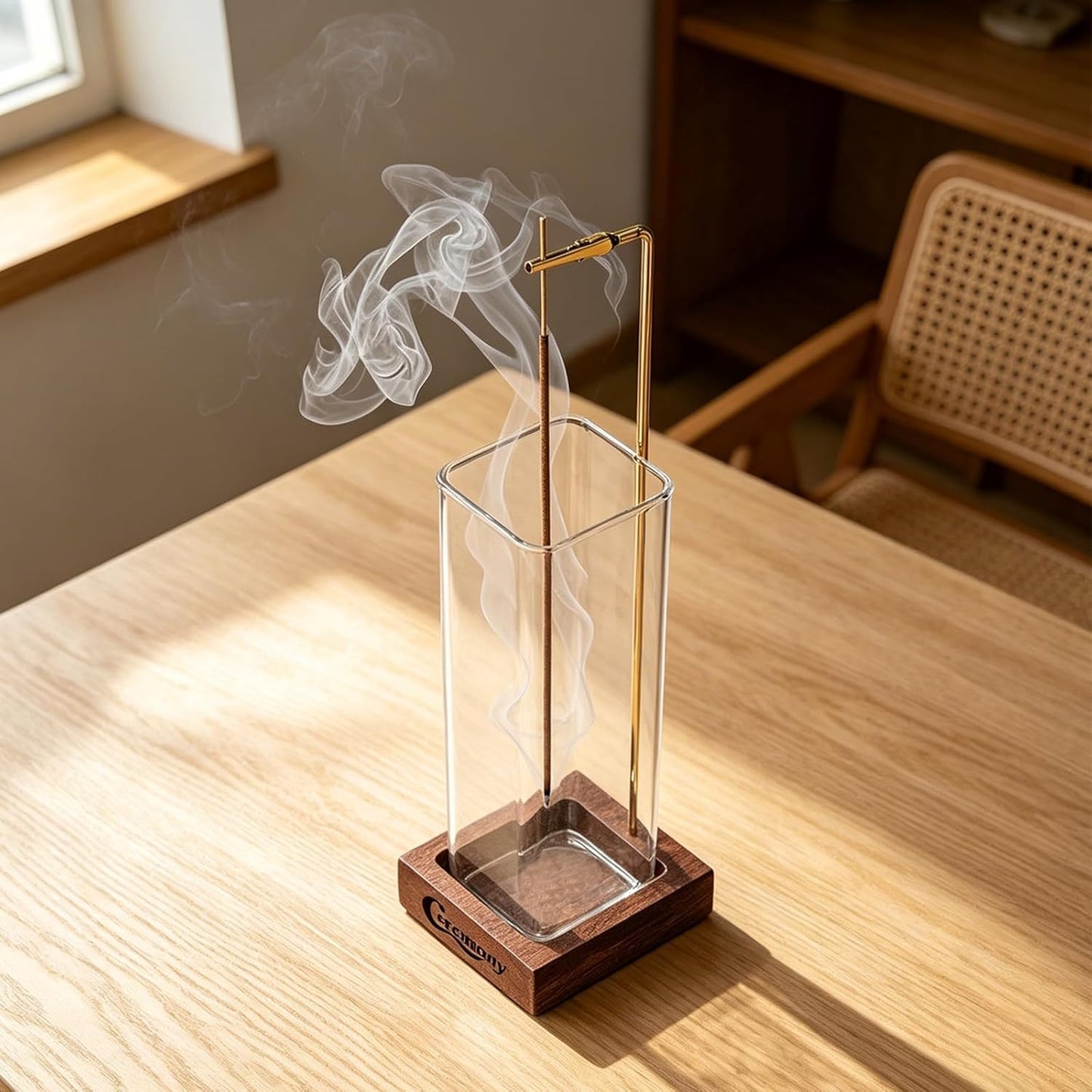 Ceremony Incense Holder, Wooden Incense Holder for Sticks with Glass Ash Catcher, Anti-ash Incense Burner with 20 Incense Sticks and a Ash Brush for Meditation Yoga Spa Room Decor