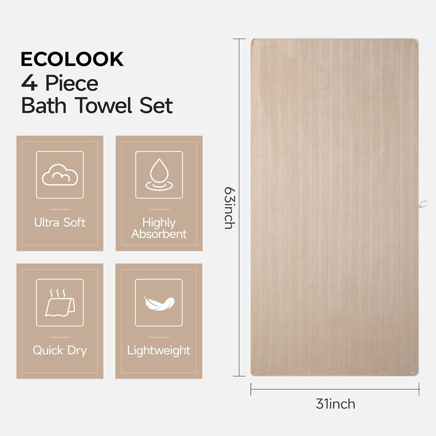 ECOLOOK 4 Pack Microfiber Bath Towels, 31 x 63 inches Extra Large Bath Towel Set, Super Soft Highly Absorbent Bath Towels Set of 4, Quick Dry Lightweight Bathroom Towels for Spa, Pool, Gym, Multicolor
