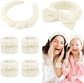6 Pcs Puffy Spa Headband and Wristbands, Beige, Hairband for Washing Face Skincare, Absorbent Headband for Shower, Yoga, Makeup, Unisex-Adults