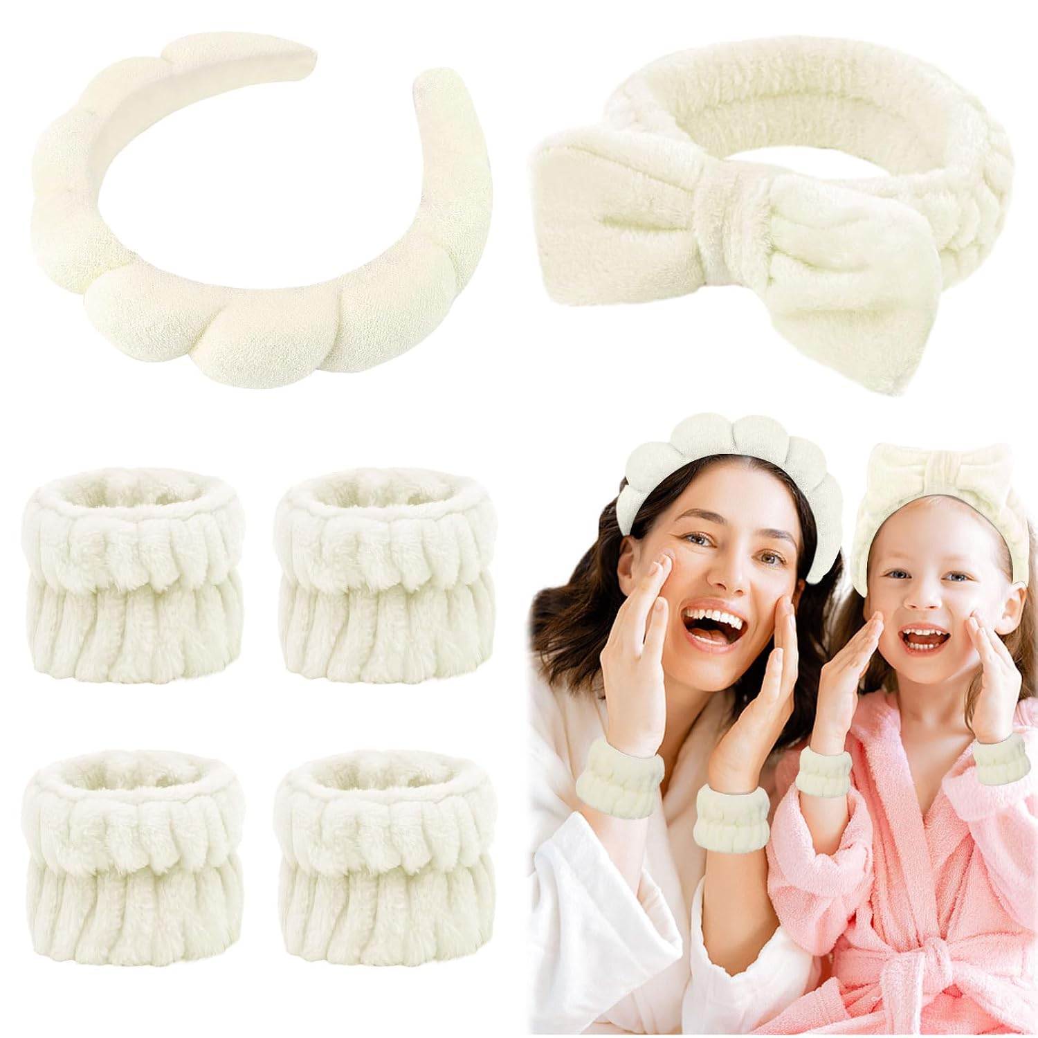 6 Pcs Puffy Spa Headband and Wristbands, Beige, Hairband for Washing Face Skincare, Absorbent Headband for Shower, Yoga, Makeup, Unisex-Adults