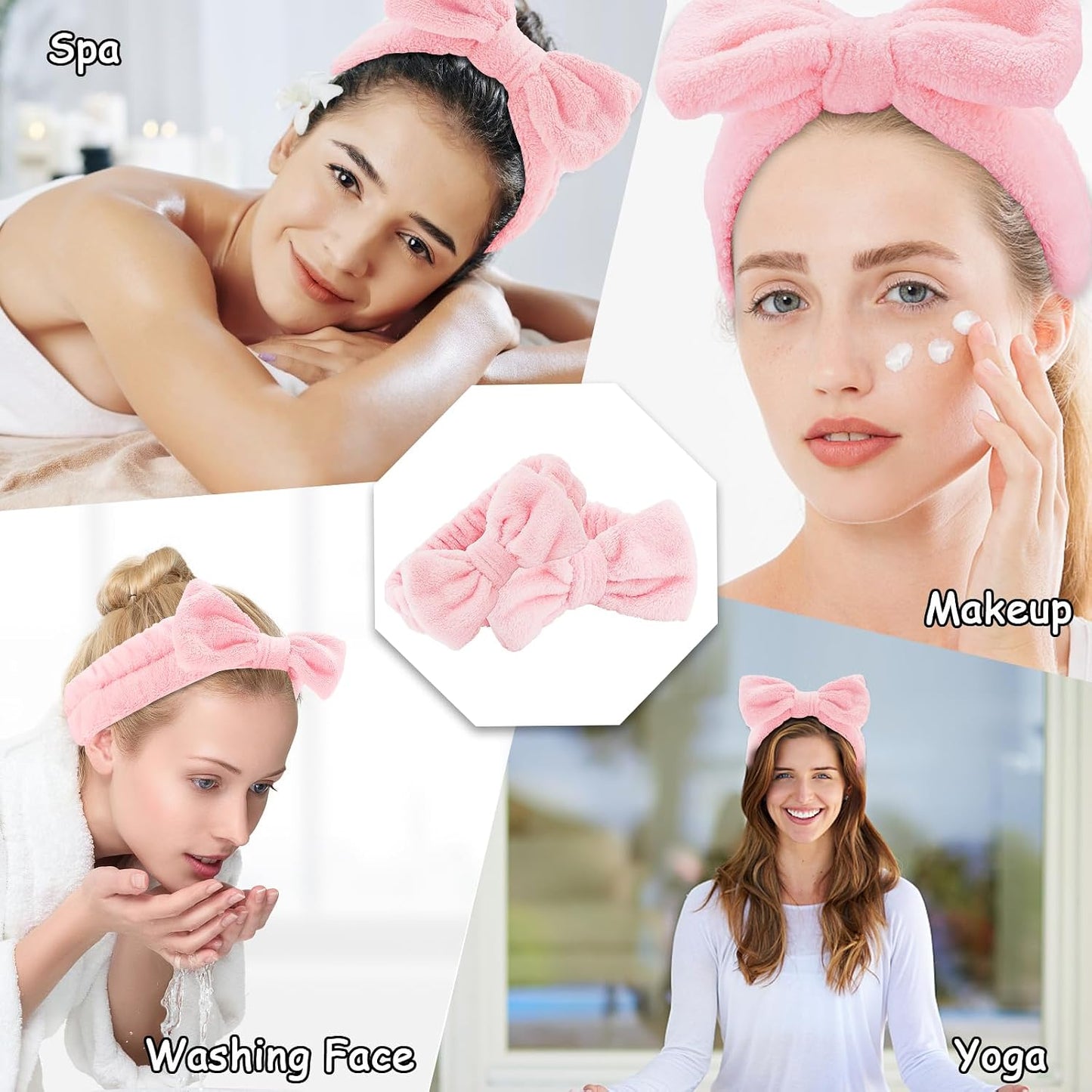 Casoty 4 Pcs Pink Spa Makeup Skincare Headband for Washing Face, Coral Fleece Face Wash Skin Care Headband, Spa Party Supplies for Women Girls
