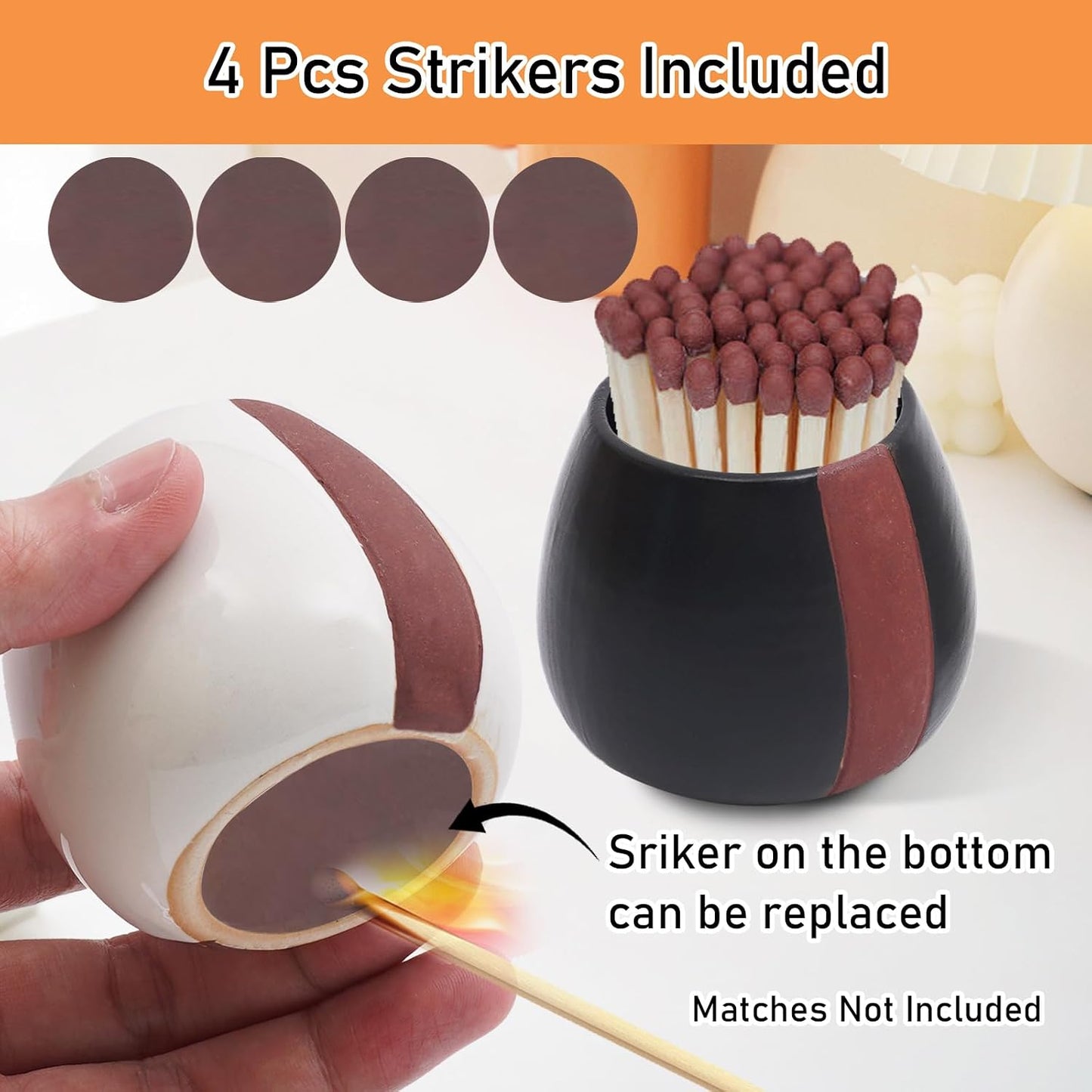 Ceramic Match Holder with Striker - Pack of 2 - Strike Anywhere Decorative Matches in a Jar Box with Striker Modern Home Decor Gifts (Match NOT Included)