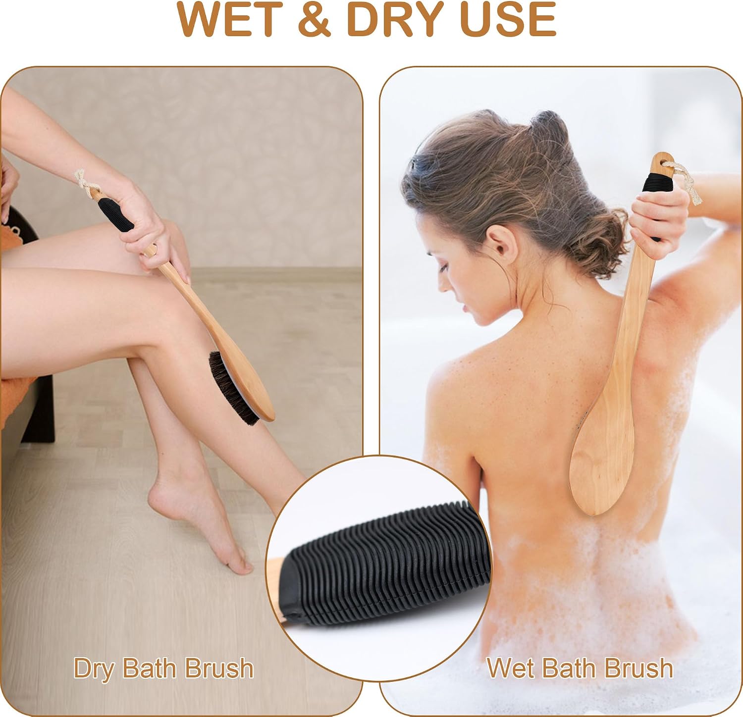 OWIIZI Horsehair Bath Brush Wooden Curved Long Handle Antiskid Shower Brush for Exfoliating, Natural Mane Scrubber for Back Use Wet or Dry,Back Scrub Deep Cleanse-17.2inches