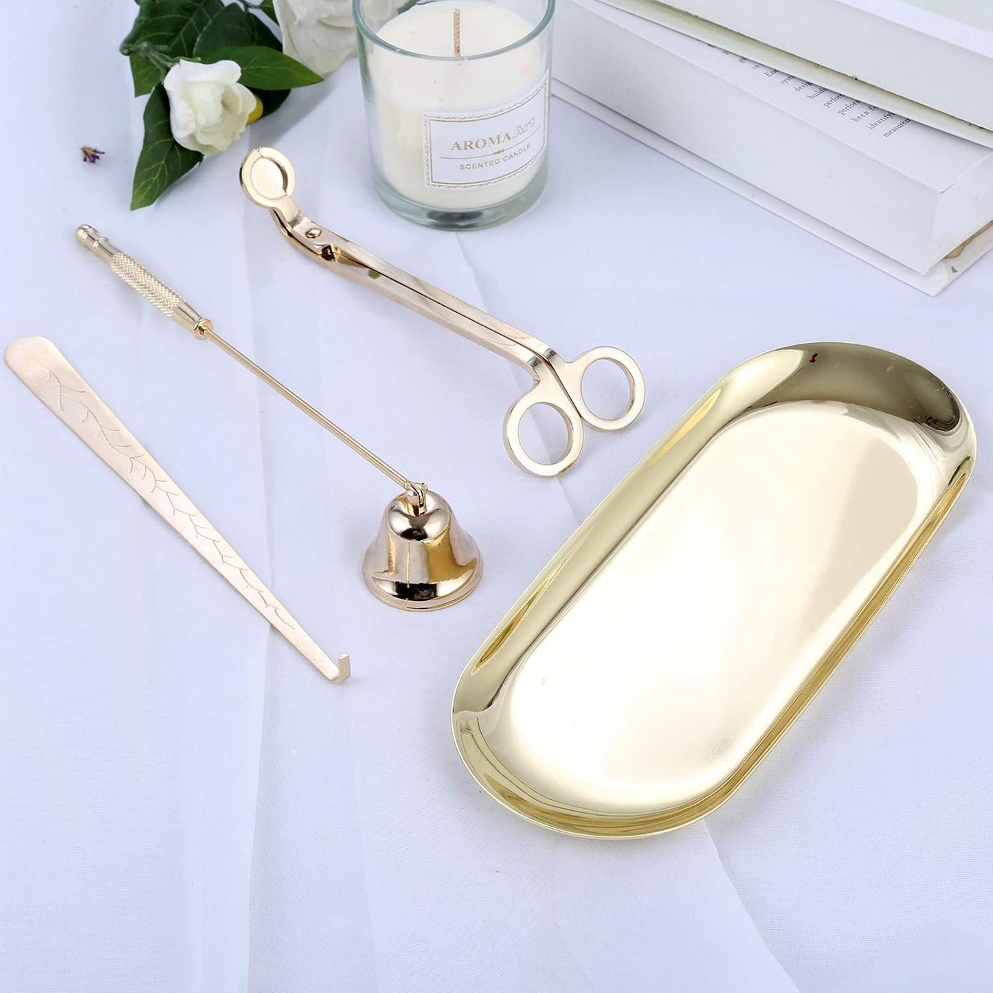 MUXSAM 4 in 1 Candle Accessory Set, Candle Wick Trimmer Candle Cutter, Candle Snuffer, Candle Wick Dipper, Storage Tray Plate, Candle Care Tools for Candle Lover, Thanksgiving, Christmas (Gold)