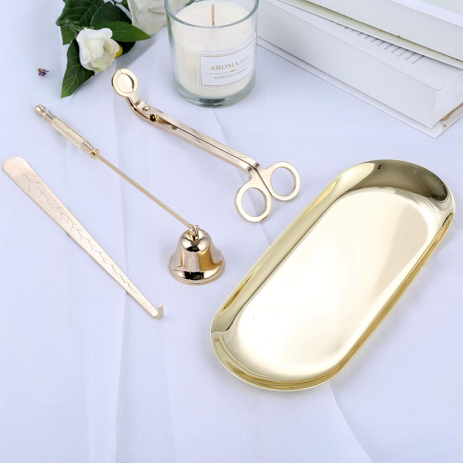 MUXSAM 4 in 1 Candle Accessory Set, Candle Wick Trimmer Candle Cutter, Candle Snuffer, Candle Wick Dipper, Storage Tray Plate, Candle Care Tools for Candle Lover, Thanksgiving, Christmas (Gold)