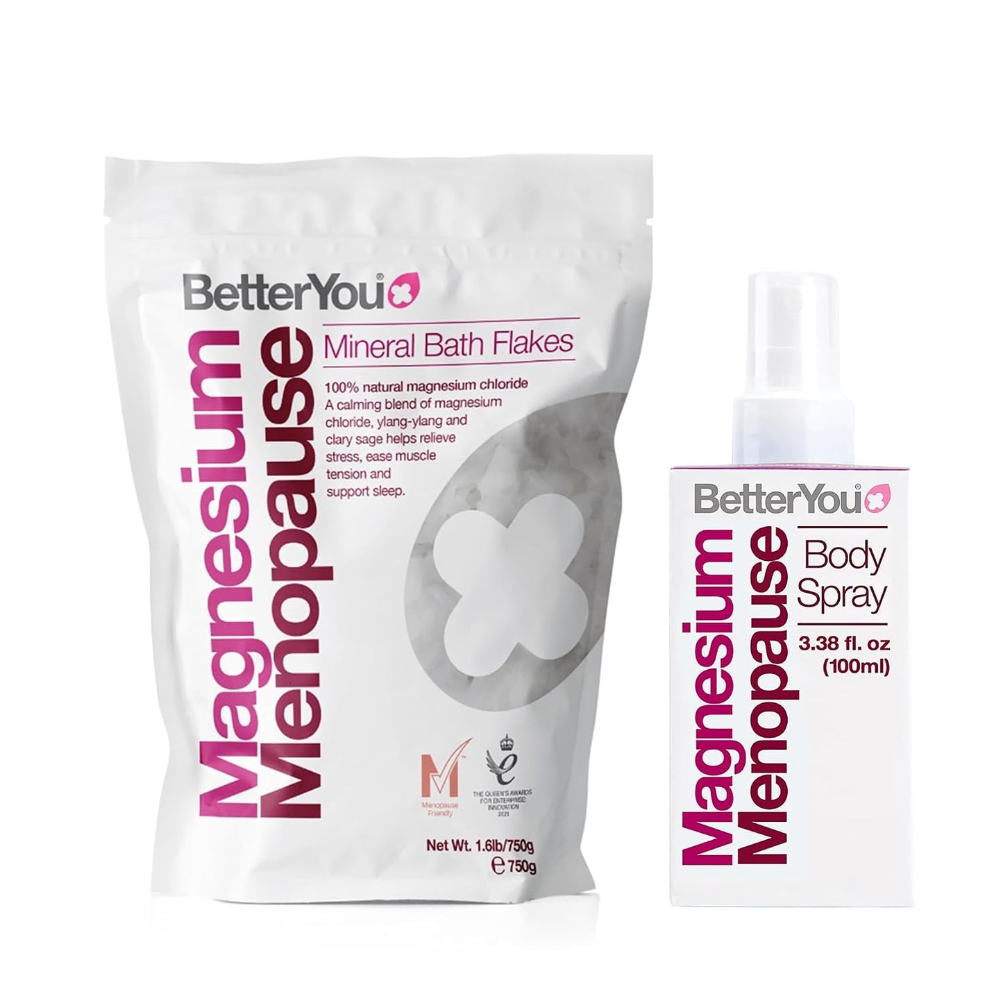 BetterYou Menopause Bundle - Magnesium Menopause Body Spray and Bath Flakes - Muscle and Rest Support - Bath Salt Ease Muscle Tension - 2 pc