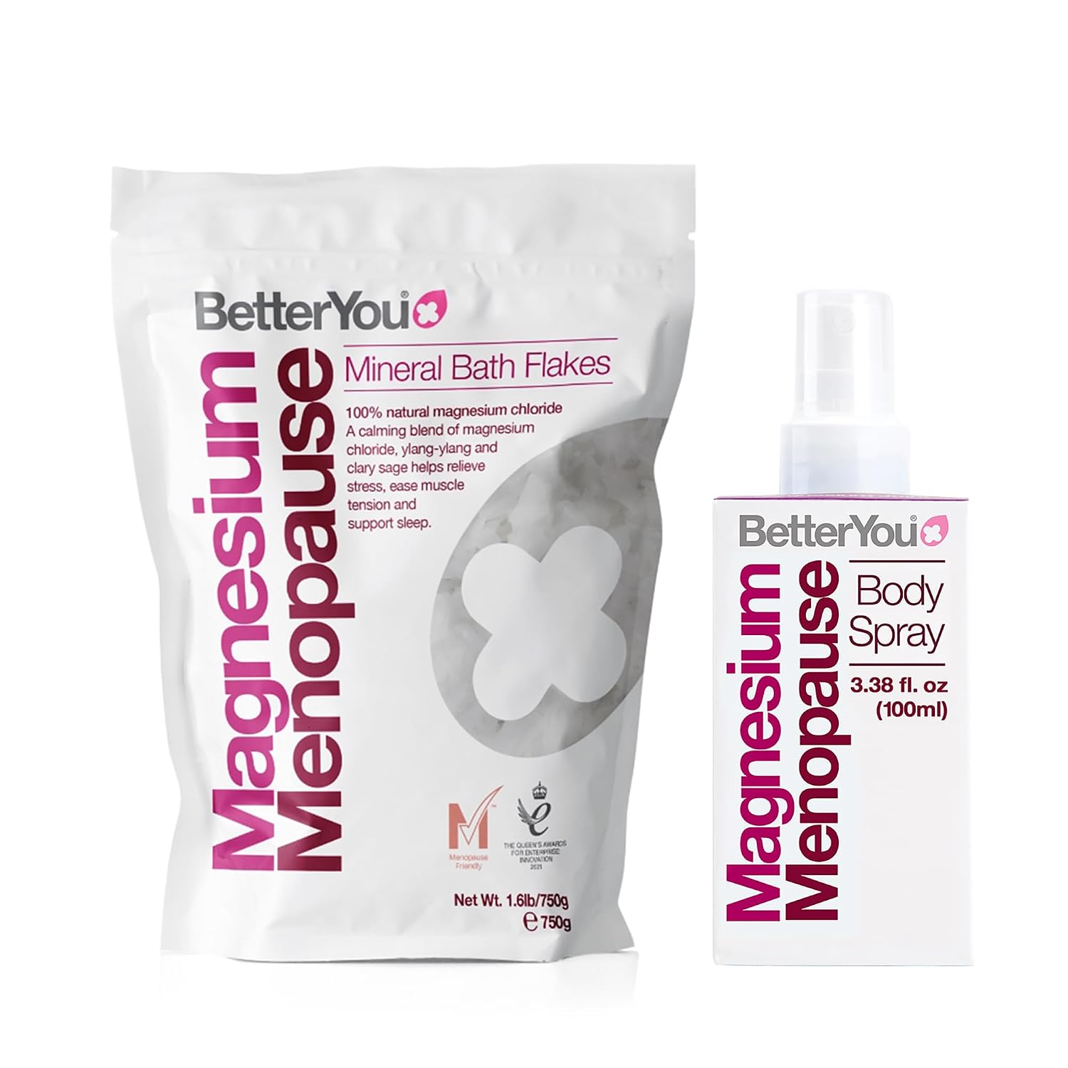 BetterYou Menopause Bundle - Magnesium Menopause Body Spray and Bath Flakes - Muscle and Rest Support - Bath Salt Ease Muscle Tension - 2 pc