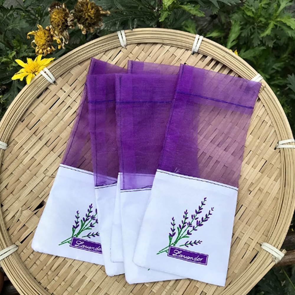 Lavender Sachet Bags Empty - 12 Pack Refillable Organza Drawstring Pouches for Herbs, Spices, DIY Crafts | Floral Design, Purple (Linen Blend)