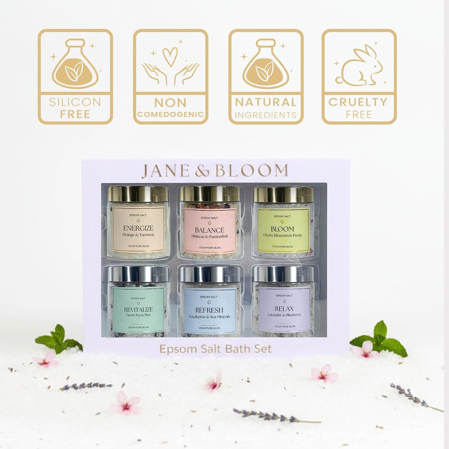 Epsom Salt Bath Gift Set – 6 Aromatherapy Blends with Essential Oils – Bath & Body Gift Set for Women, Stress Relief, Self Care, Birthday Gifts – Jane & Bloom
