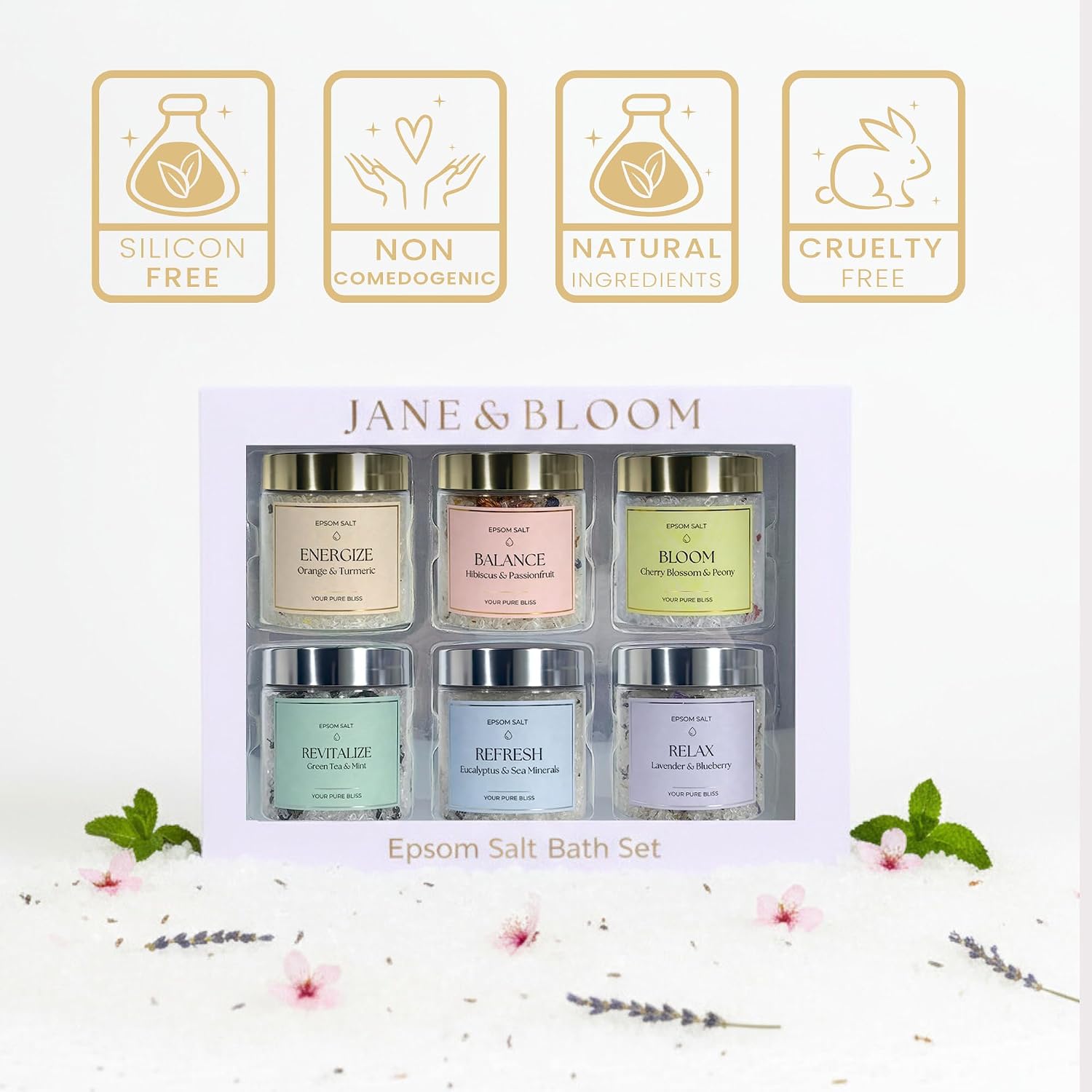 Epsom Salt Bath Gift Set – 6 Aromatherapy Blends with Essential Oils – Bath & Body Gift Set for Women, Stress Relief, Self Care, Birthday Gifts – Jane & Bloom