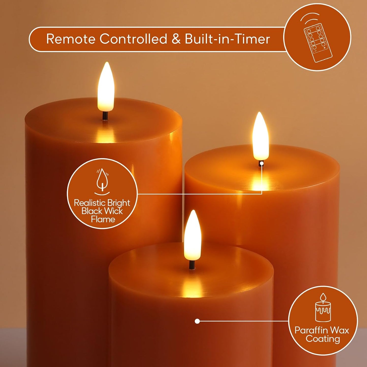 Burnt Orange Flameless Pillar Candles with Remote, Flickering LED Wax Candles Battery Operated Set of 3