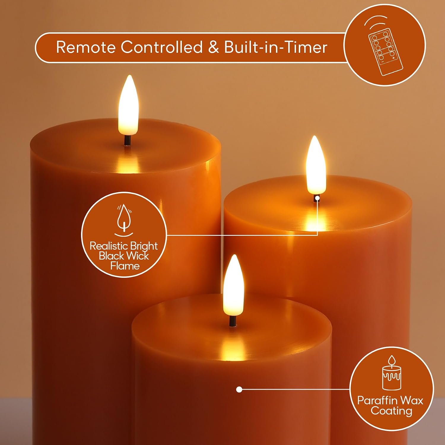 Burnt Orange Flameless Pillar Candles with Remote, Flickering LED Wax Candles Battery Operated Set of 3