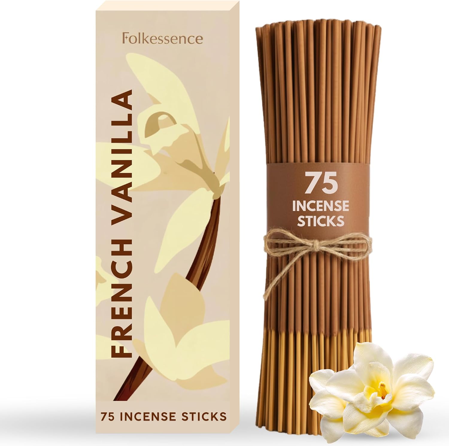 Folkulture Incense Sticks (75 Sticks) |8" Premium French Vanilla Incense Sticks For Meditation, Aromatherapy, Stress Relief Gifts | No Charcoal,Organic, Non Toxic, 45 Mins, Long Burning Insence-Sticks