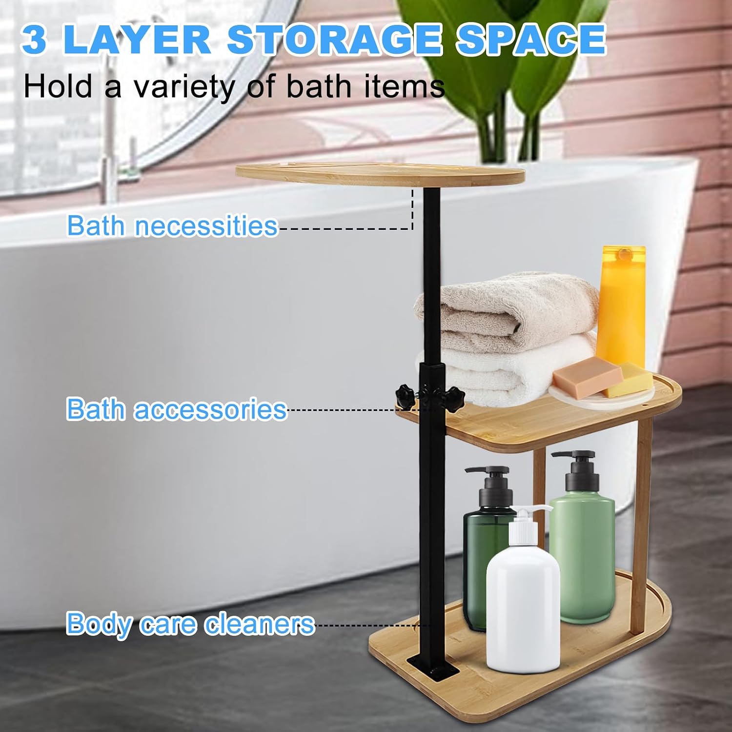 3 Layer Bath Tub Tray Table Liftable Freestanding Bamboo Bath Tray Caddy for Tub Against Wall Shelf Bathroom Organizer Shelf for Luxury Spa, Home Spa Bathtub Accessories