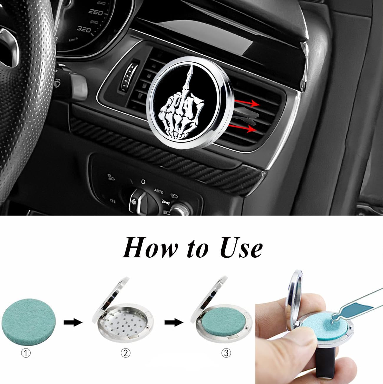 Car Essential Oil Diffuser Vent Clips Christma Locket with Vent Clip 10 Felt Pads Car Accessories(Skull Finger)