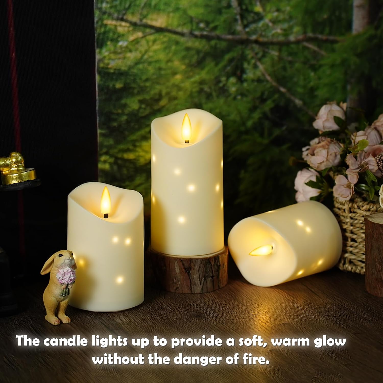 kakoya Outdoor Waterproof Flickering Flameless Candles with Embedded Star String,3Pcs LED Pillar Candles Battery Operated with Remote and Timers for Courtyard,Porch,Camping,Holiday Decoration(Ivory)