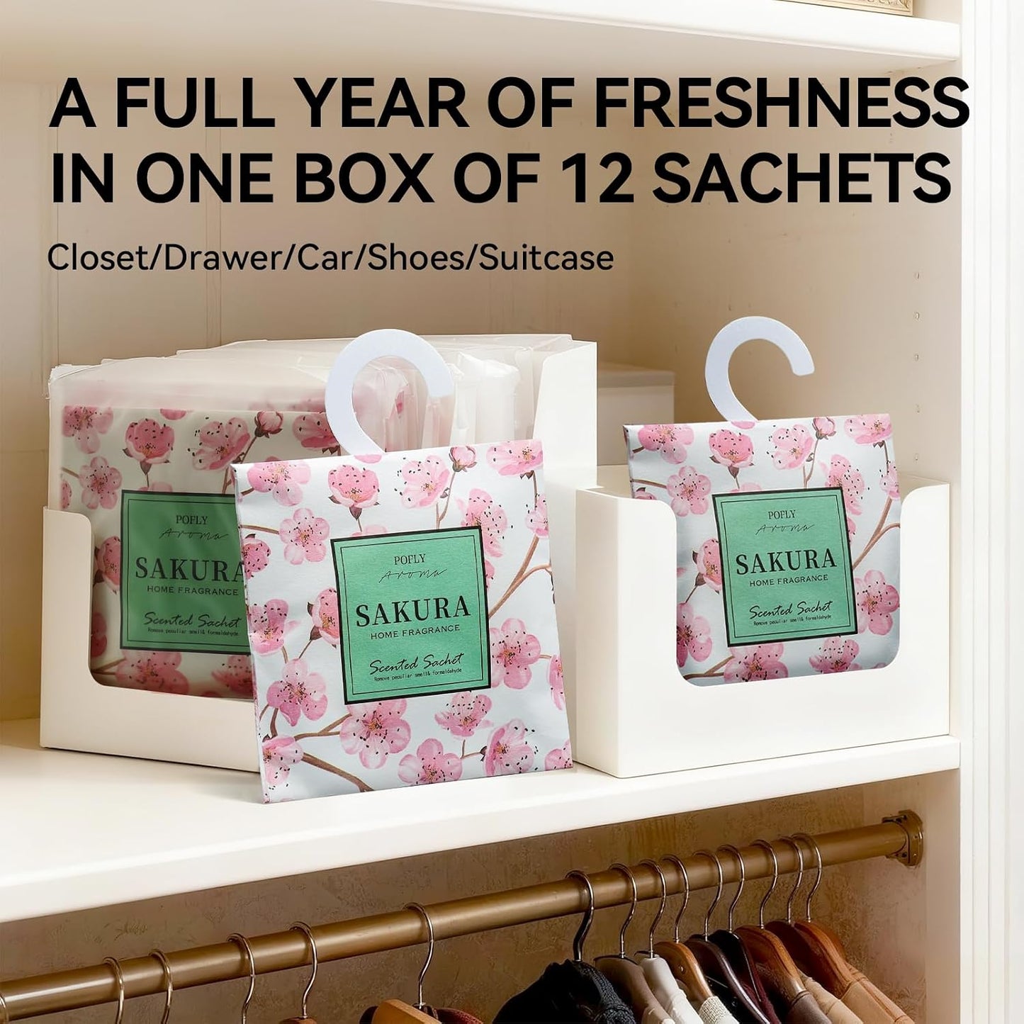 12 Pack Sakura Scented Sachets, Long-Lasting Fresh Scent, Air Freshener for Closet & Drawers, Hanging Deodorizer for Home