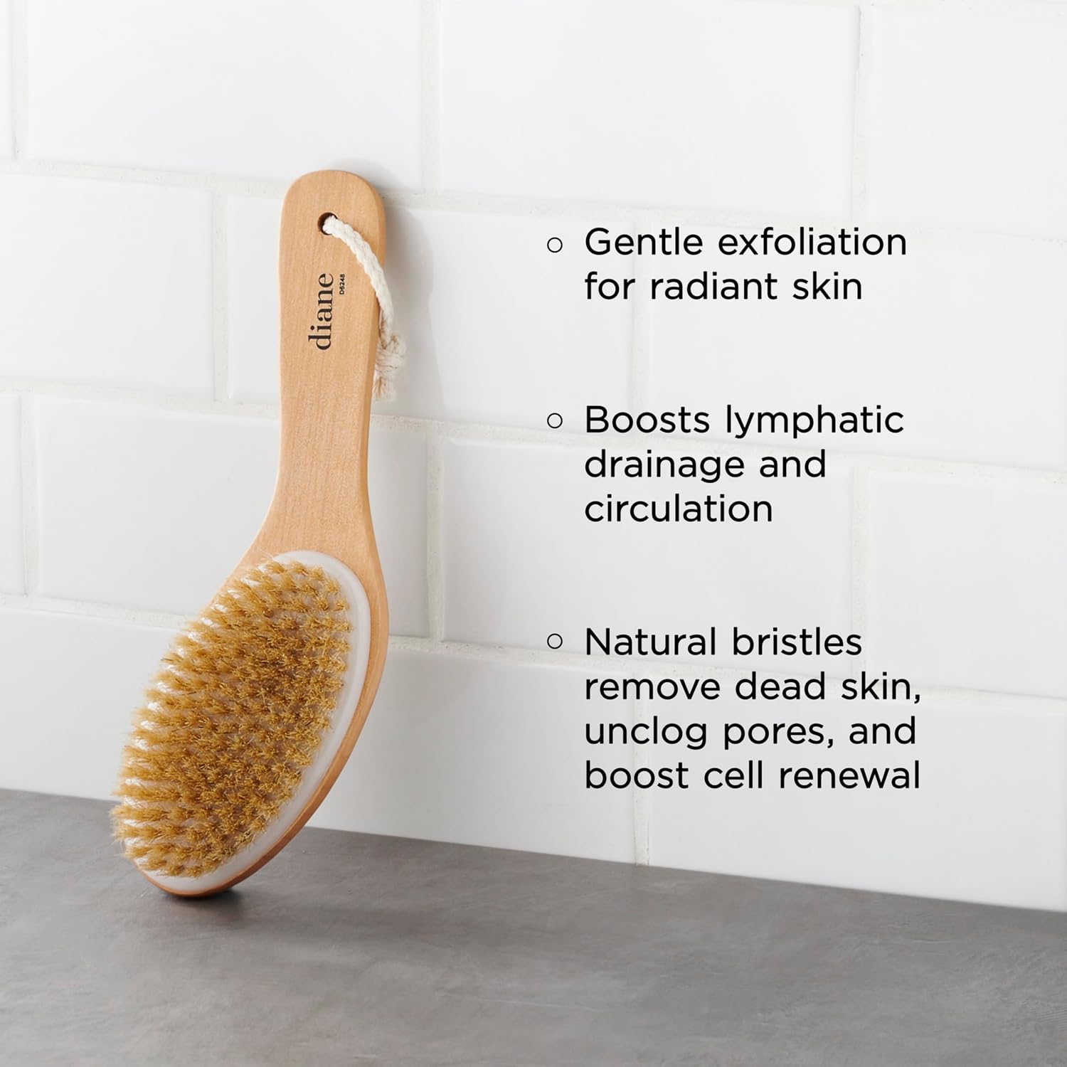 Diane Curved Handle Exfoliate & Glow Dry Skin Brush, 100% Boar Bristle Brush for Body Scrubbing, Lymphatic Massage, Drainage, and Gentle Exfoliation for Radiant Skin, Dry Body Brush for Cellulite