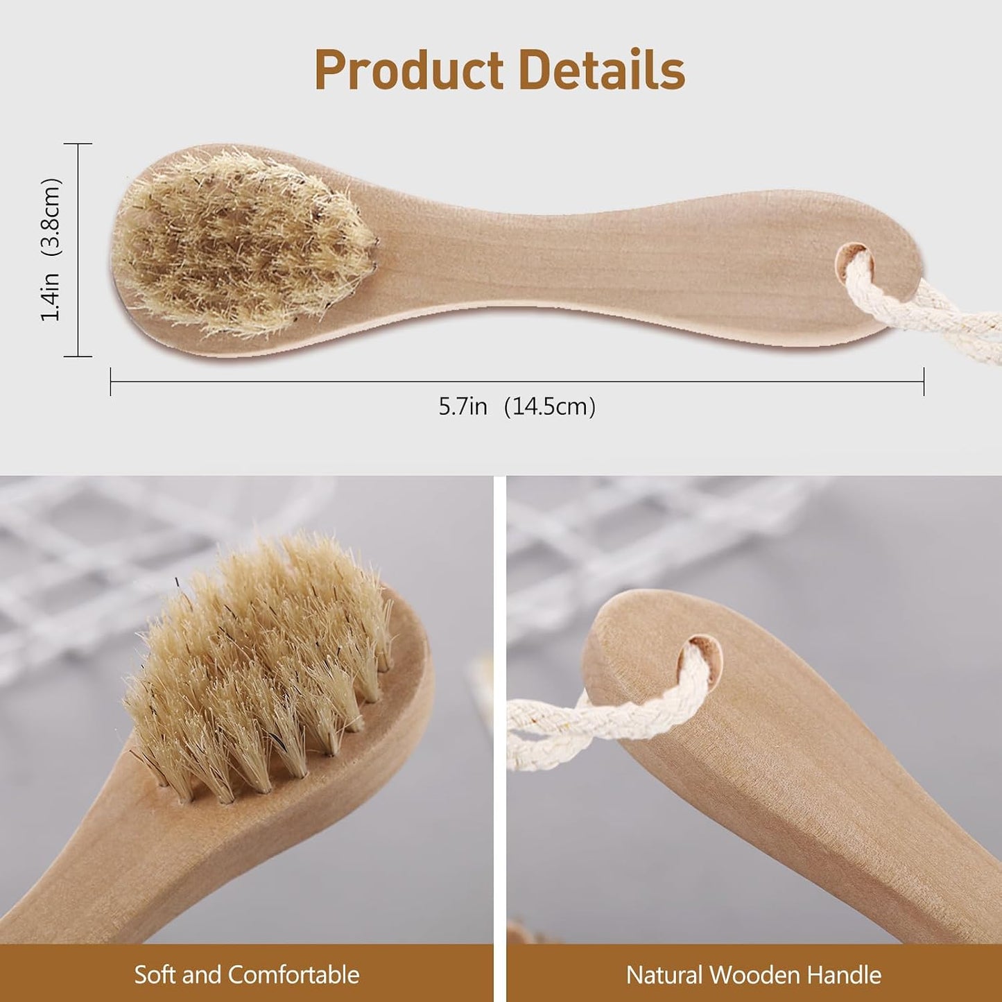 2 Pack Miniature Dry Brush with Hanging Loop - Natural Bristle Small Body Brush for Exfoliating, Facial Cleansing - Soft Skin for Neck, Chest, Nails, and Other Sensitive Areas