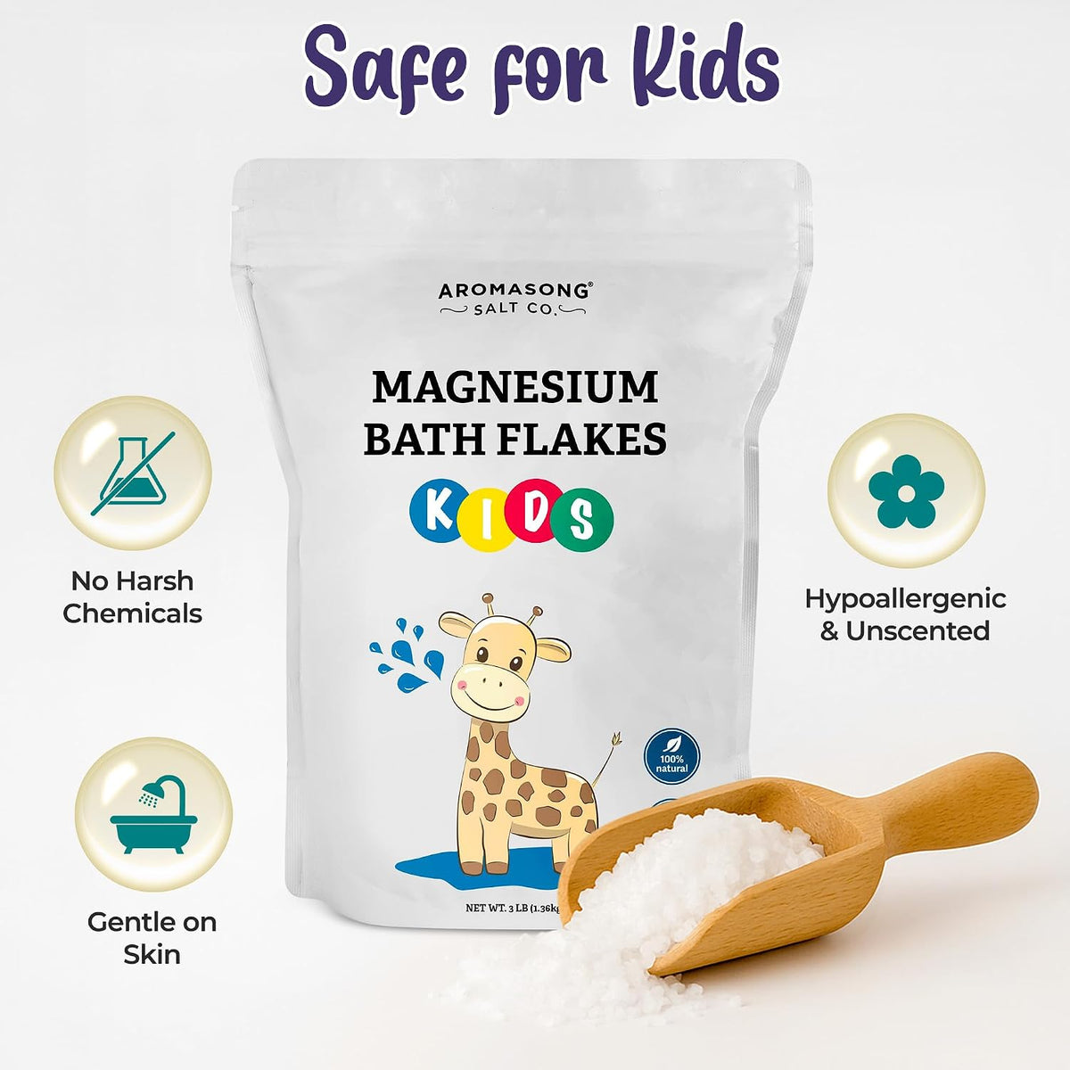 Aromasong Magnesium Flakes for Kids Bath – Pure Dead Sea Salt Bath Flakes for Kids, Toddlers &amp; Babies | Gentle Calming Epsom Salt Alternative | Soothing Bedtime Detox Soak (48 Ounce (Pack of 1))