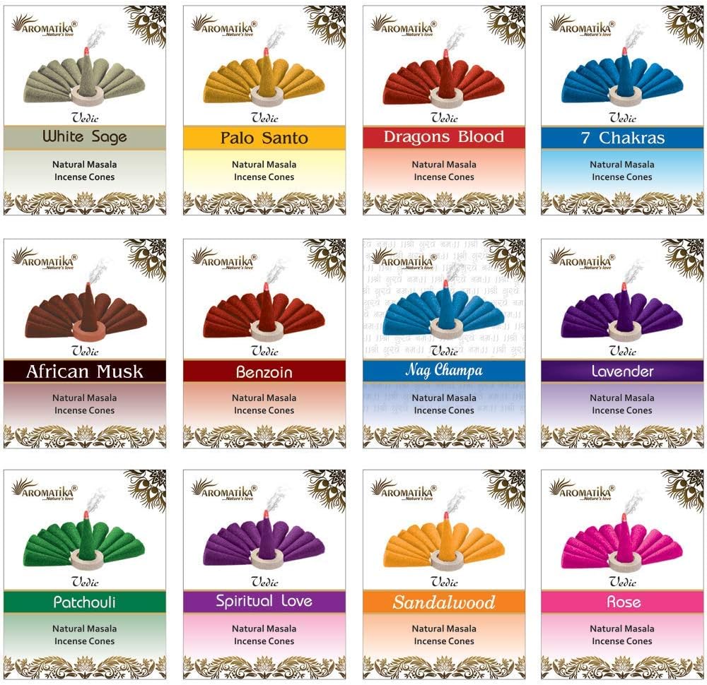 ARO VATIKA Vedic Natural Masala Incense Cones 120 Count in Pack of 12 Boxes | 12 Assorted Fragrances Dhoop Cones | Best for Prayer, Reiki, Meditation and Relaxation | Burn Time 25 Mins