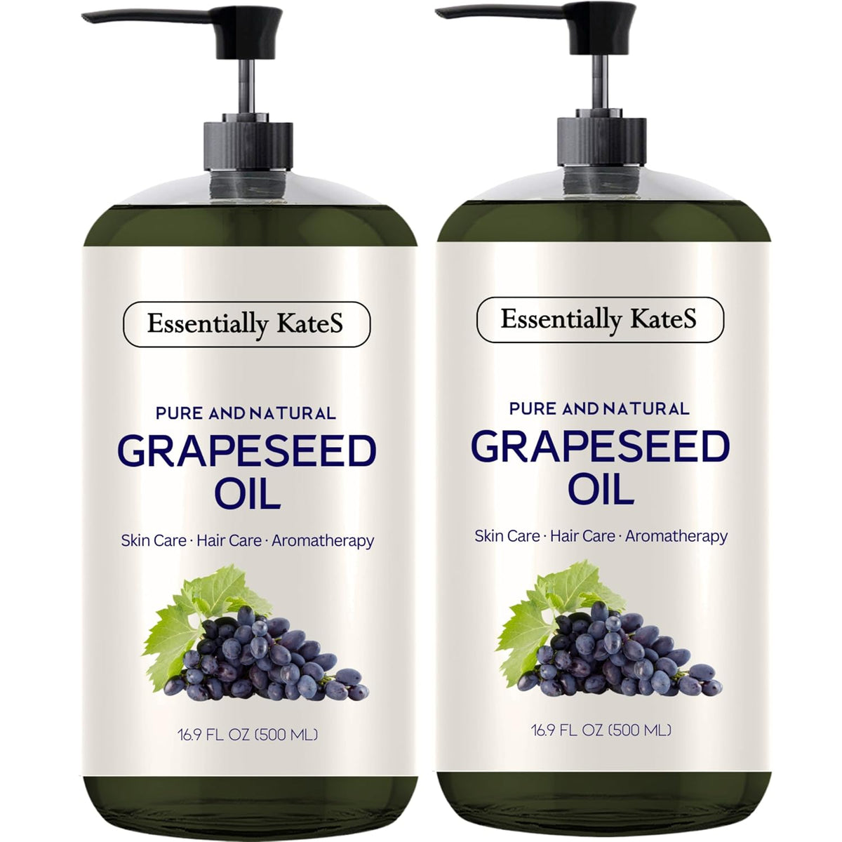 Essentially KateS Grapeseed Oil 33.8 Fl Oz - Pack of 2 x 16.9 Fl Oz - 100% Pure and Natural and Cold Pressed