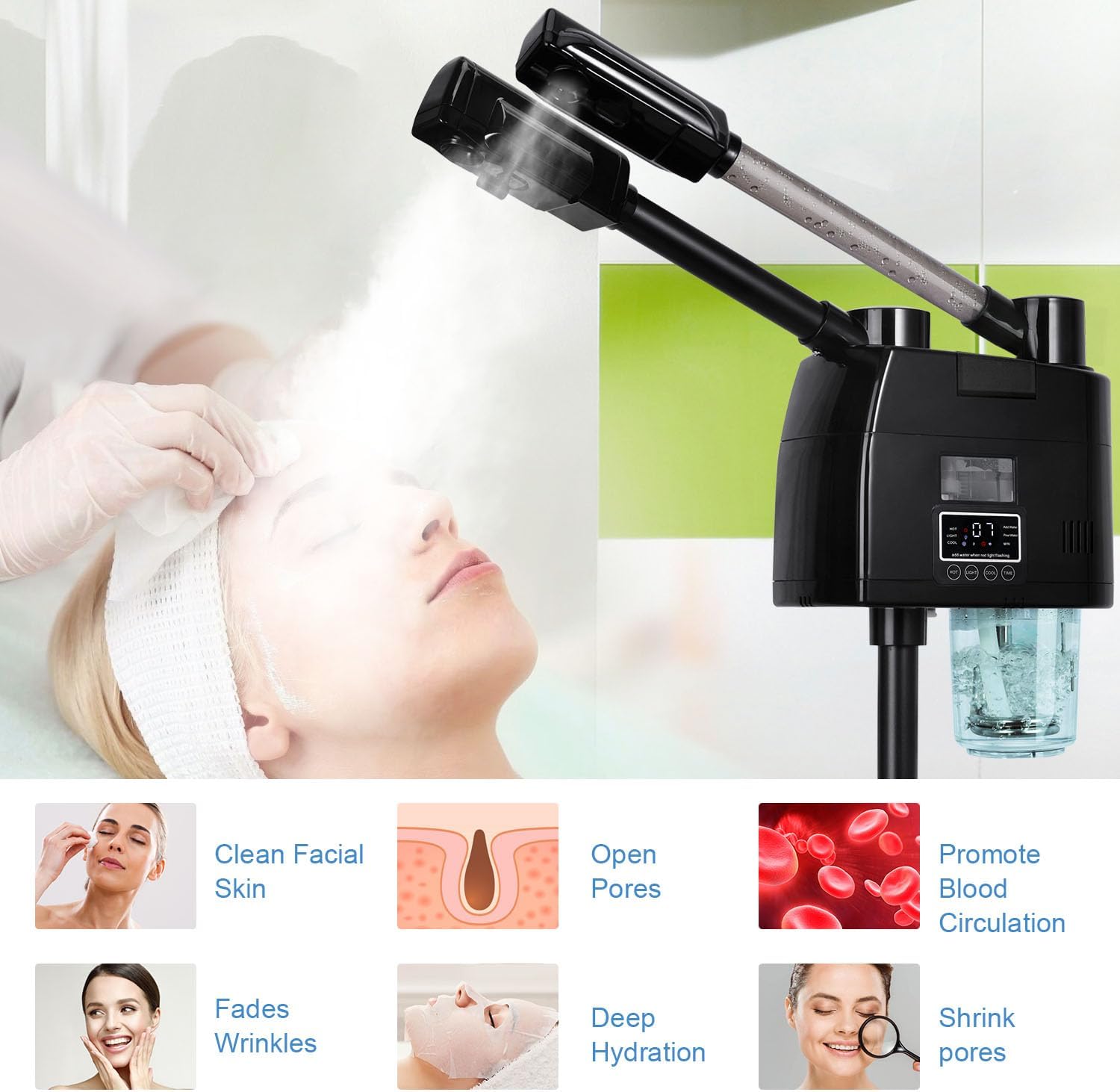 FLOLXNB Professional Facial Steamer, 2 in 1 Facial Steamer, Esthetician Steamer with Hot&Cold Nozzle,Digital Face Steamer for Home Beauty Salon Spa