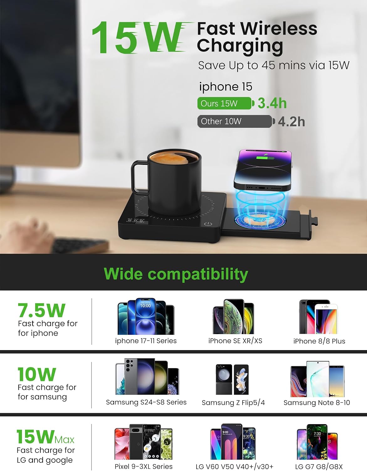 Coffee Mug Warmer with 15W Wireless Phone Charger & 3A USB Charging Port, 3 Temp Settings & 8H Auto Shut Off, Candle Warmer Plate for Heating Coffee, Milk, Tea & Candles,Valentine's Day Gift(Black)