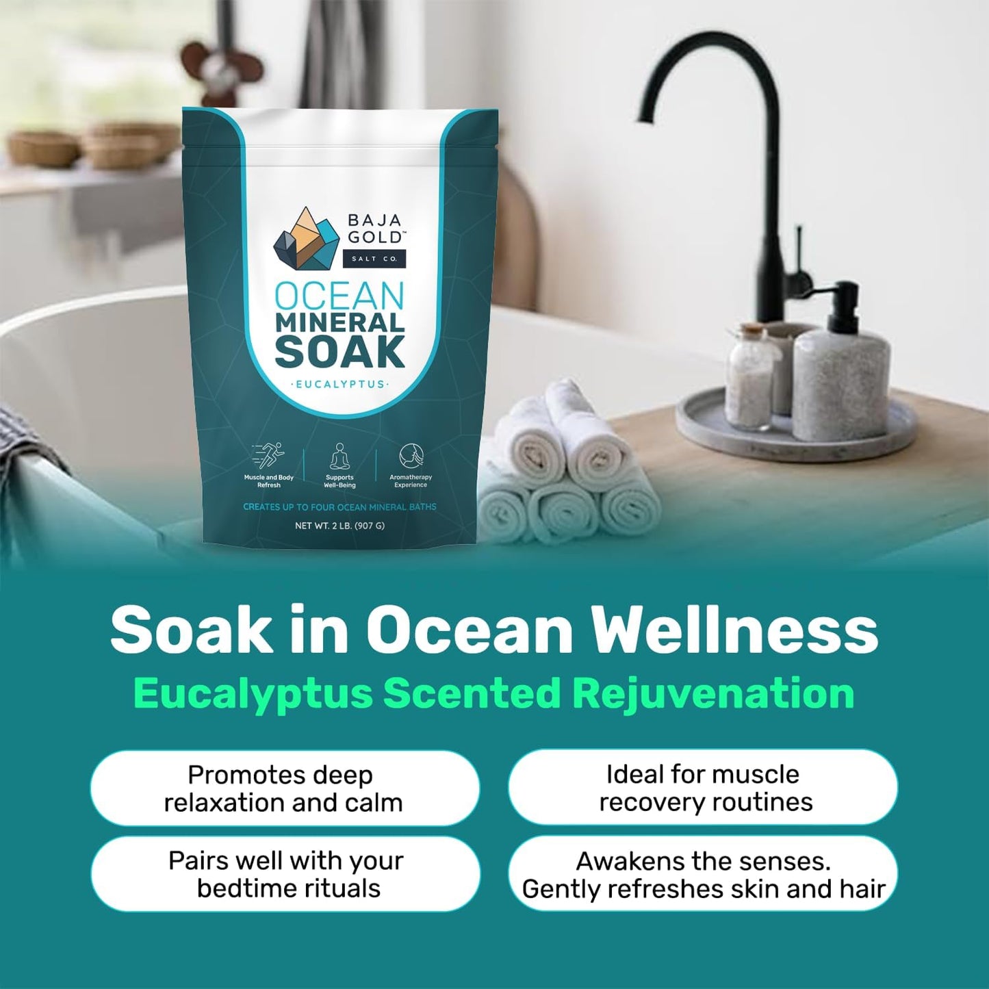 Baja Gold Ocean Mineral Soak Bundle – Unscented + Eucalyptus | Natural Magnesium Bath Soak with Trace Minerals | Relaxing, Clean Self-Care for Bath, Foot Soaks & Skin | 2 x 2 lb Resealable Bags