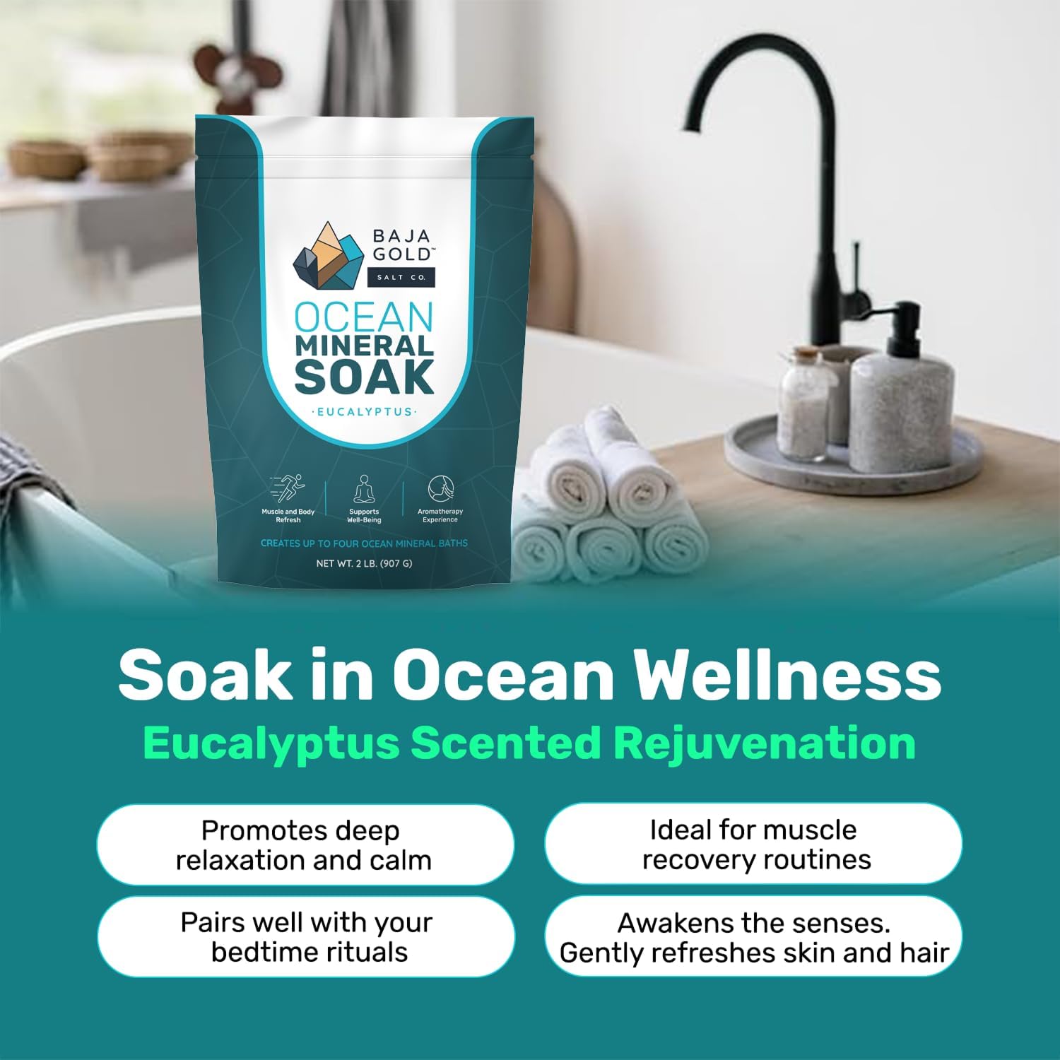 Baja Gold Ocean Mineral Soak Bundle – Unscented + Eucalyptus | Natural Magnesium Bath Soak with Trace Minerals | Relaxing, Clean Self-Care for Bath, Foot Soaks & Skin | 2 x 2 lb Resealable Bags