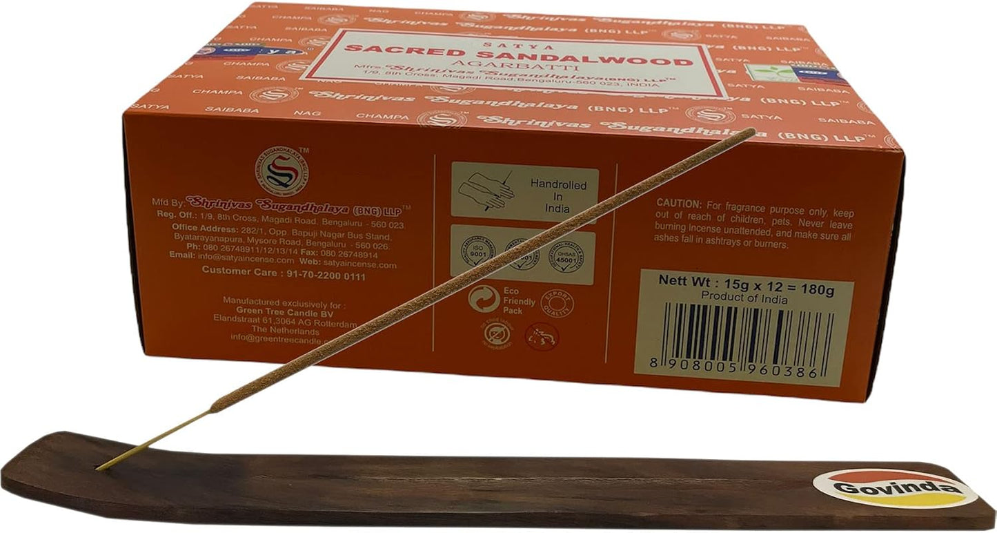 Govinda Incense Stick Holder Bundle with Satya Bangalore (BNG) Incense Sticks - 12 Boxes x 15 Grams (Sacred Sandalwood)
