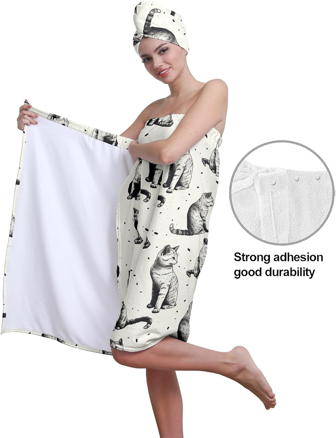 YWMAN Microfiber Bath Wrap Set with Hair Turban, Cat Pattern, 59x31 inches, Soft Spa Towel