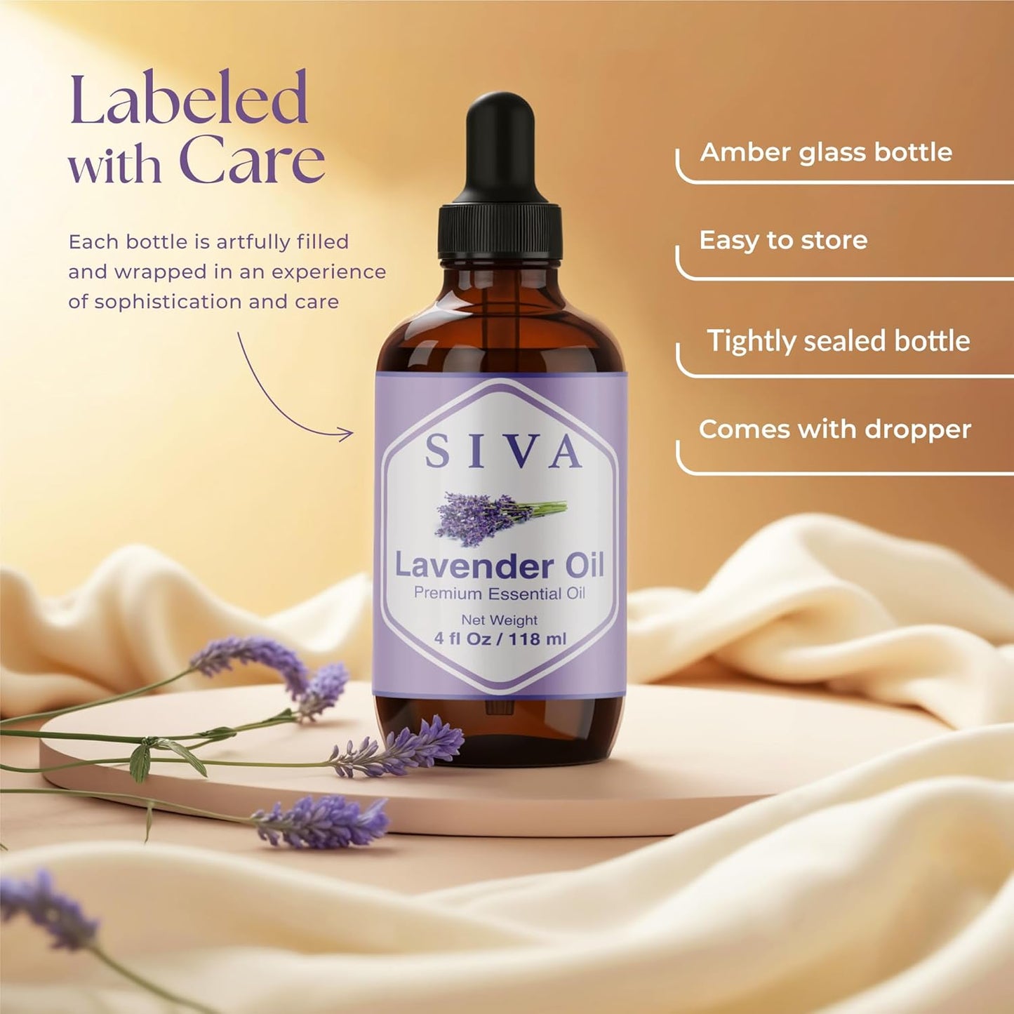 Siva Lavender Essential Oil 4 Fl Oz – for Diffuser, Skin & Hair Care – Ideal for Aromatherapy, Massage & DIY Blends – with Dropper