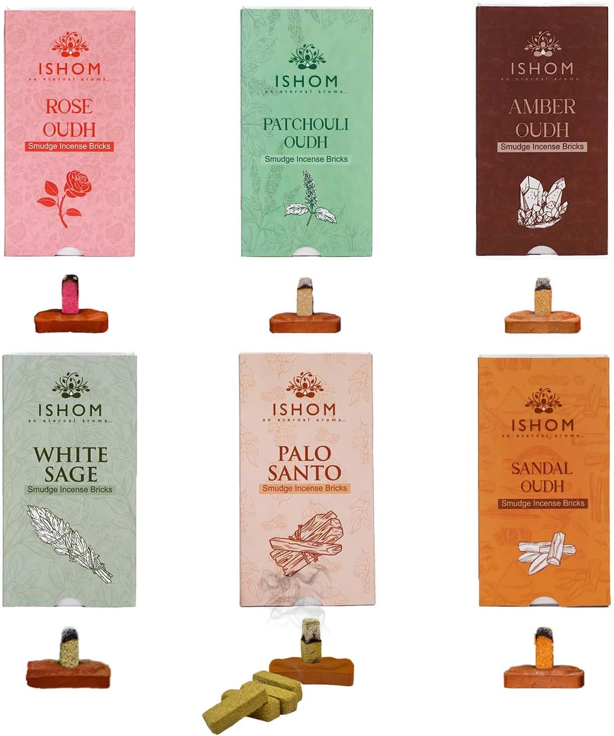 Smudge Incense Bricks Combo Pack of 90 (6 Packs x 15) | Assorted Scents of Palo Santo White sage, Patcholi Sandal Oudh, Amber & Rose | Ideal for Home Purification, Yoga, Meditation, and Aromatherapy