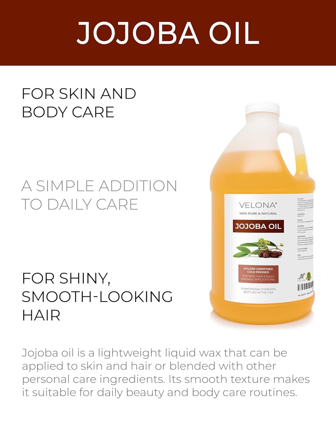 velona Jojoba Oil - 1 Gallon / 128 Fl Oz | 100% Pure and Natural | Golden, Unrefined, Cold Pressed, Hexane Free | Moisturizing Face, Hair, Body, Skin Care, Cuticles
