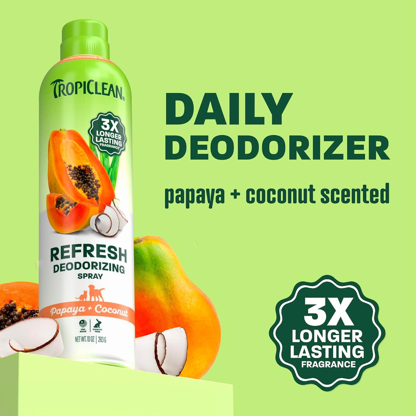 TropiClean Dog Perfume, Papaya Scented Dog Deodorizing Spray, 3X Long-Lasting Scent, After Bath Cologne & Detangling Spray with Vitamin E, 10oz.