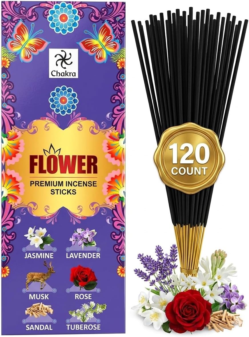6-Scent Incense Sticks Variety Pack – 120 Count | Jasmine, Lavender, Musk, Rose, Sandalwood & Tuberose | Long-Lasting Aroma for Meditation & Home Use | chakra