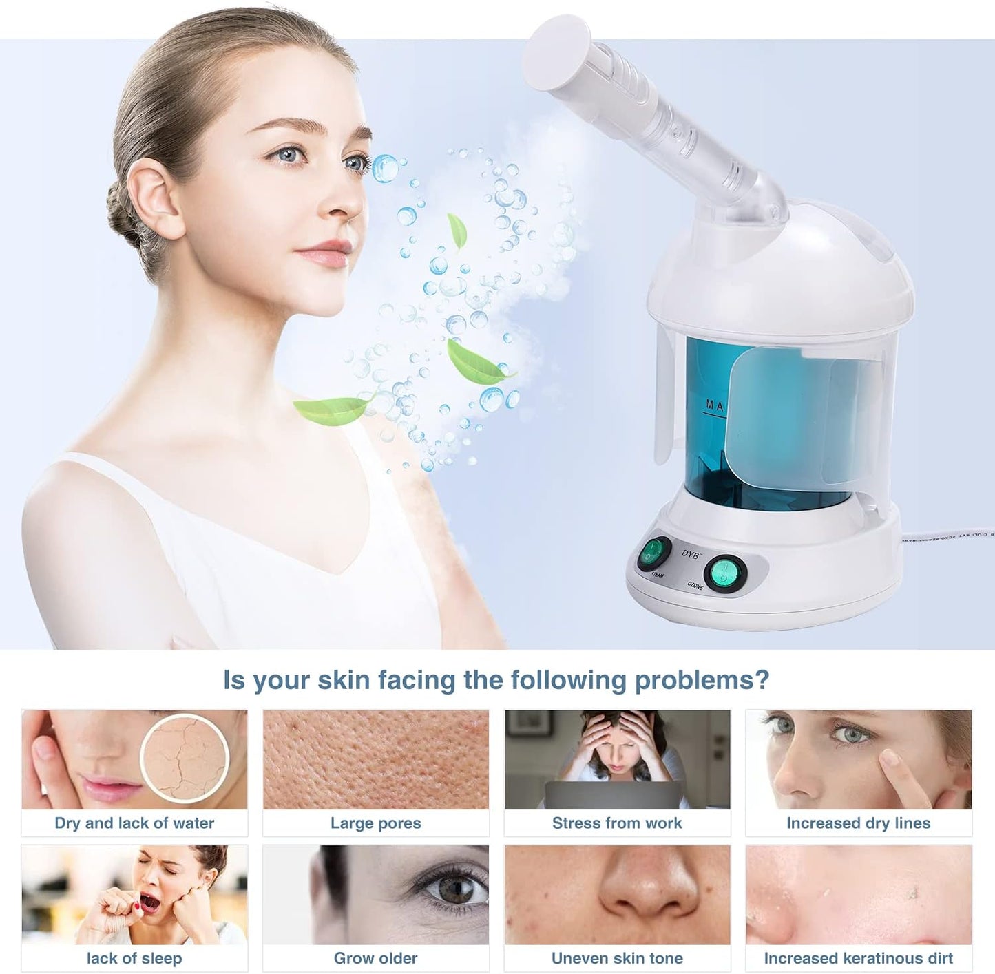 DYB Portable Facial Steamer, Nano Ionic Face Steamer with 360°Rotatable Sprayer,Mini Facial Steamer for Salon and Spa,1 Piece Headband and 4 Pieces Steel Skin Kits.