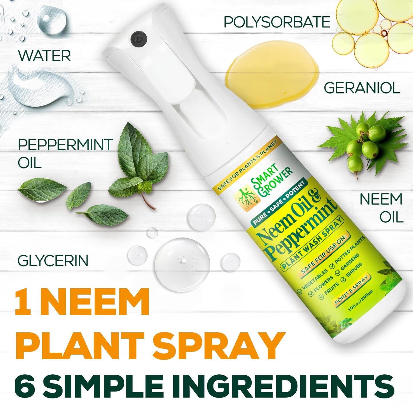 Neem Oil Spray for Plants with Peppermint Oil, Natural Plant Wash Made for Indoor and Outdoor Plants Smart Grower 10oz Easy Ready-to-Use Fine-Mist Refillable Premium Sprayer
