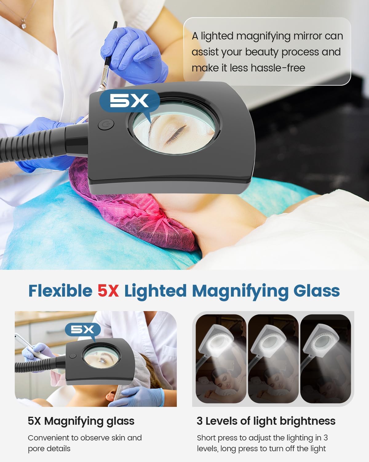 Facial Steamer & 5X Magnifying Lamp Combo, Professional Esthetician Equipment: Adjustable Nano Mist, Deep Pore Cleansing, Blackhead Remover, Acne Treatment Ozone Steamer (JY-201B)