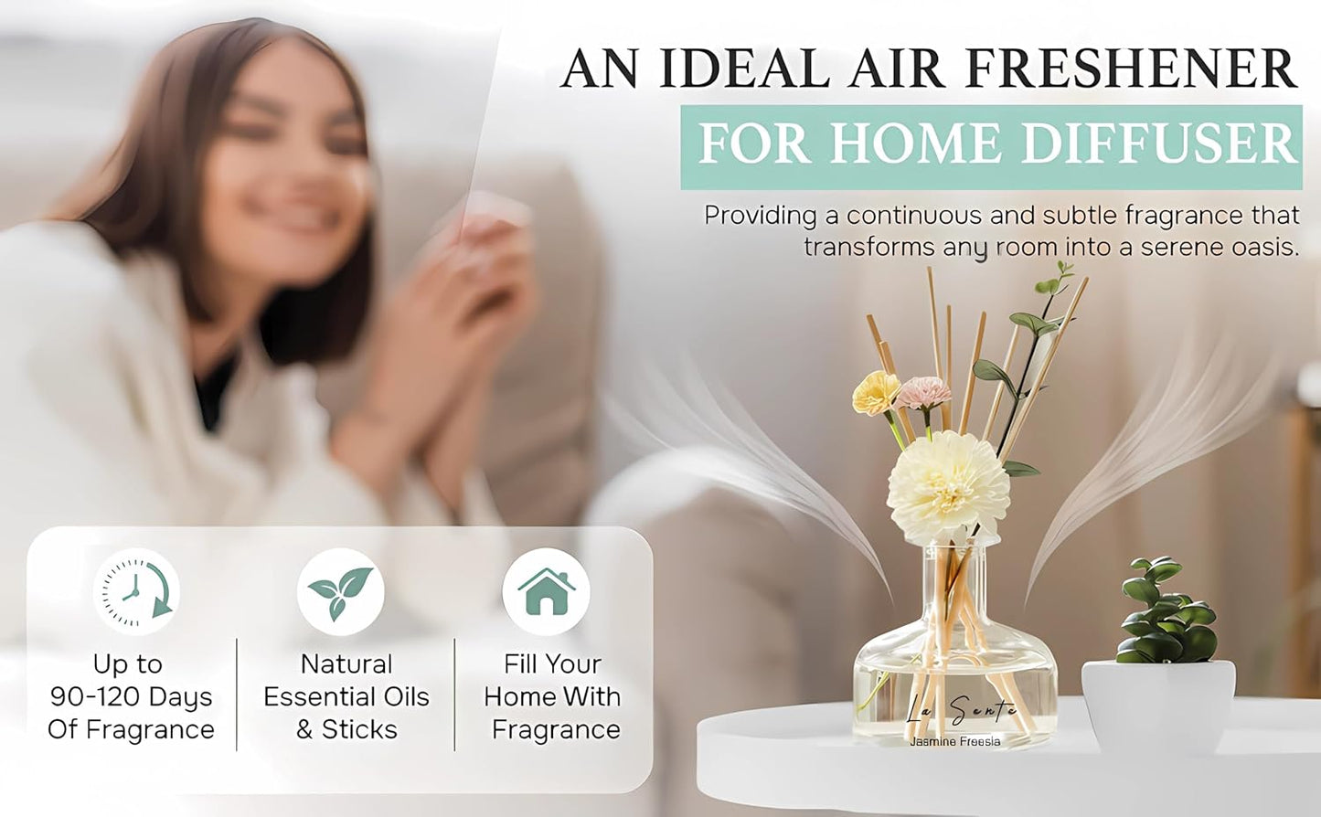 Reed Diffuser Set 8.5 fl oz / 250 ml Glass Bottle with Decorative Flower & Natural Reeds Flameless Home Fragrance for Bathroom Bedroom Office Jasmine Freesia Scent