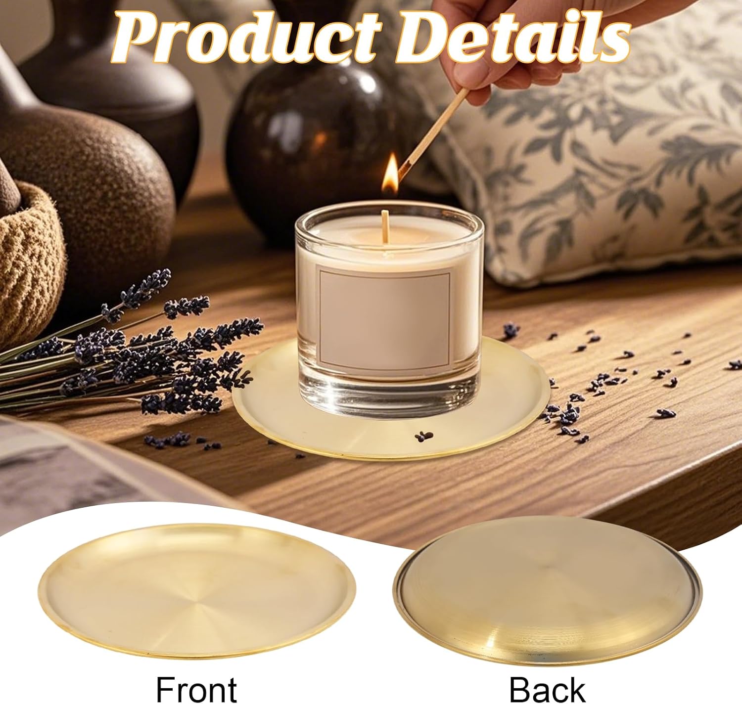 GLOBLELAND 4 Pcs 5.6 Inch Flat Round Metal Candle Holder Plate Golden Stainless Steel Jewelry Plates Gold Candle Holders Decor for Coffee Table Countertop Home Decorations