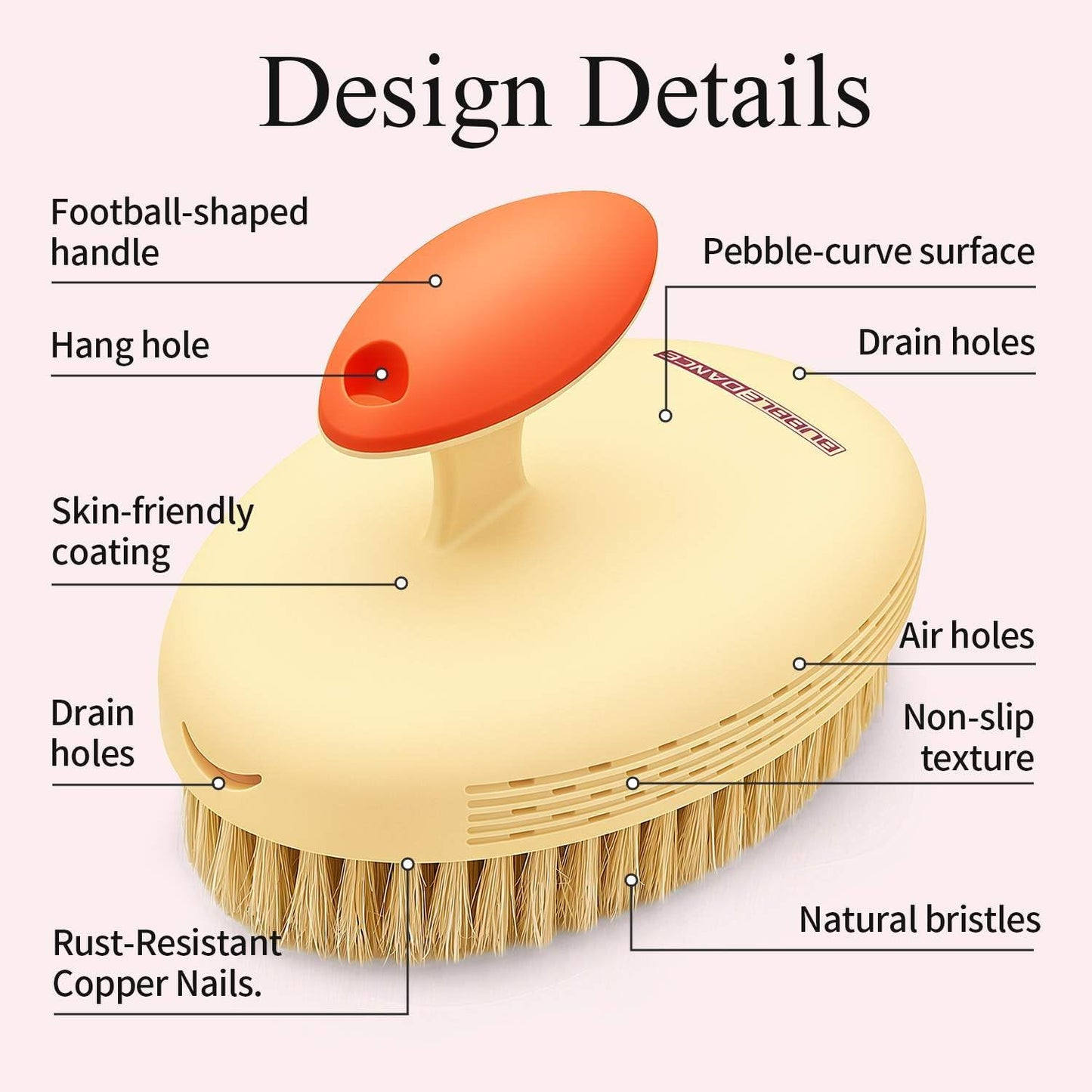 BUBBLEDANCE® Pebble Base Dry Brush - Large Dense Boar Bristles, Rust-Proof | Pebble base & football grip. Copper nails. Fast-Drying. Dry & wet use. Large dense brush for exfoliation & smooth skin