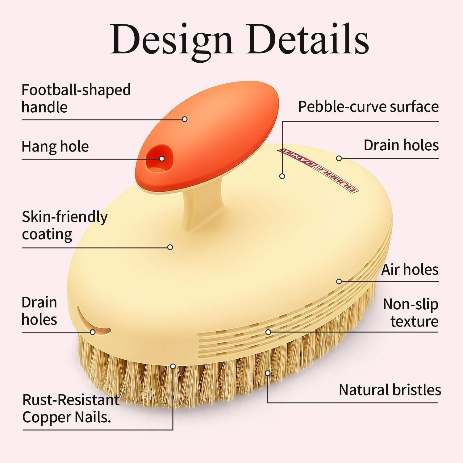BUBBLEDANCE® Pebble Base Dry Brush - Large Dense Boar Bristles, Rust-Proof | Pebble base & football grip. Copper nails. Fast-Drying. Dry & wet use. Large dense brush for exfoliation & smooth skin